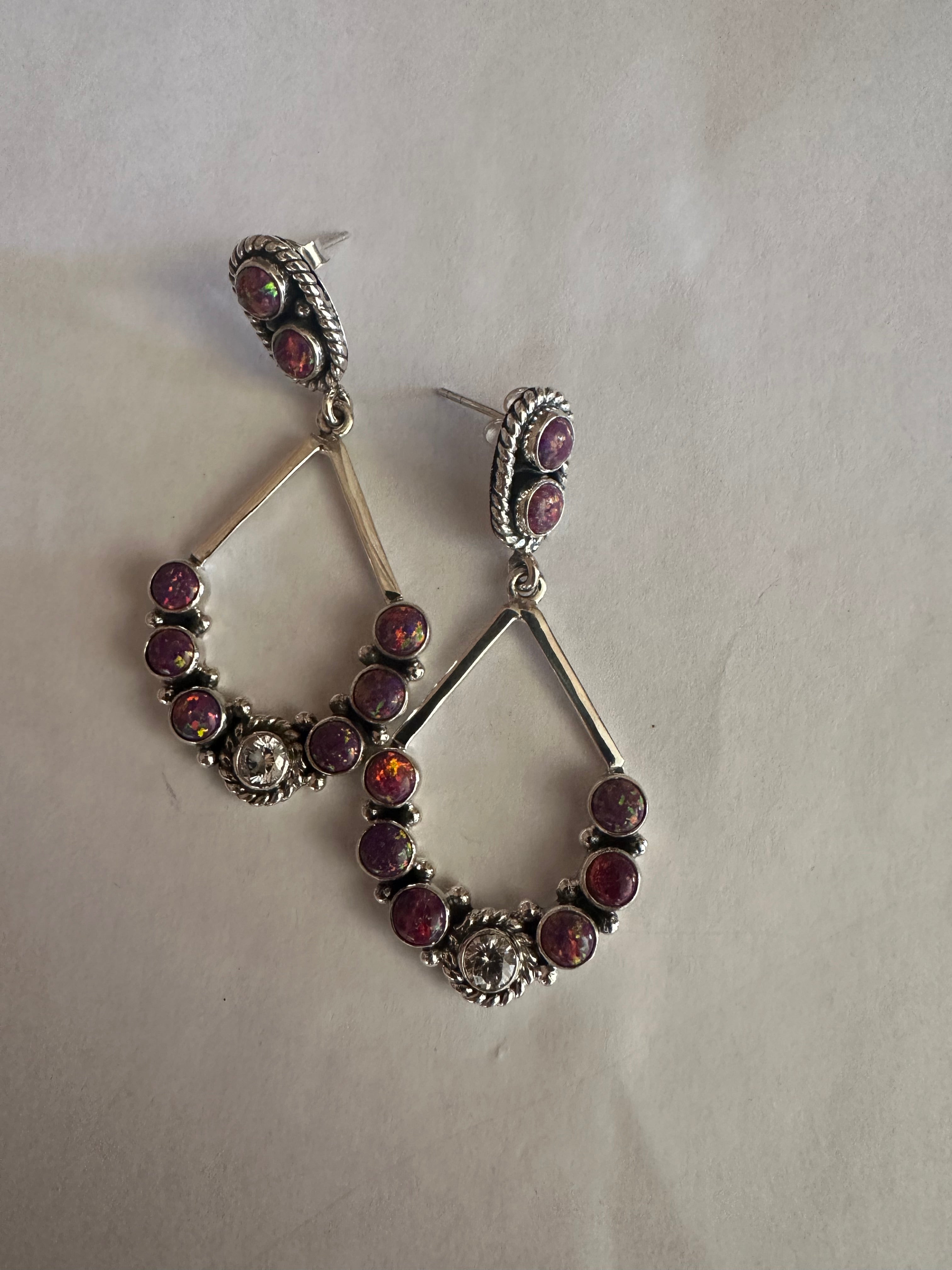 Handmade Dark Pink Fire Opal, CZ and Sterling Silver Handmade Dangles