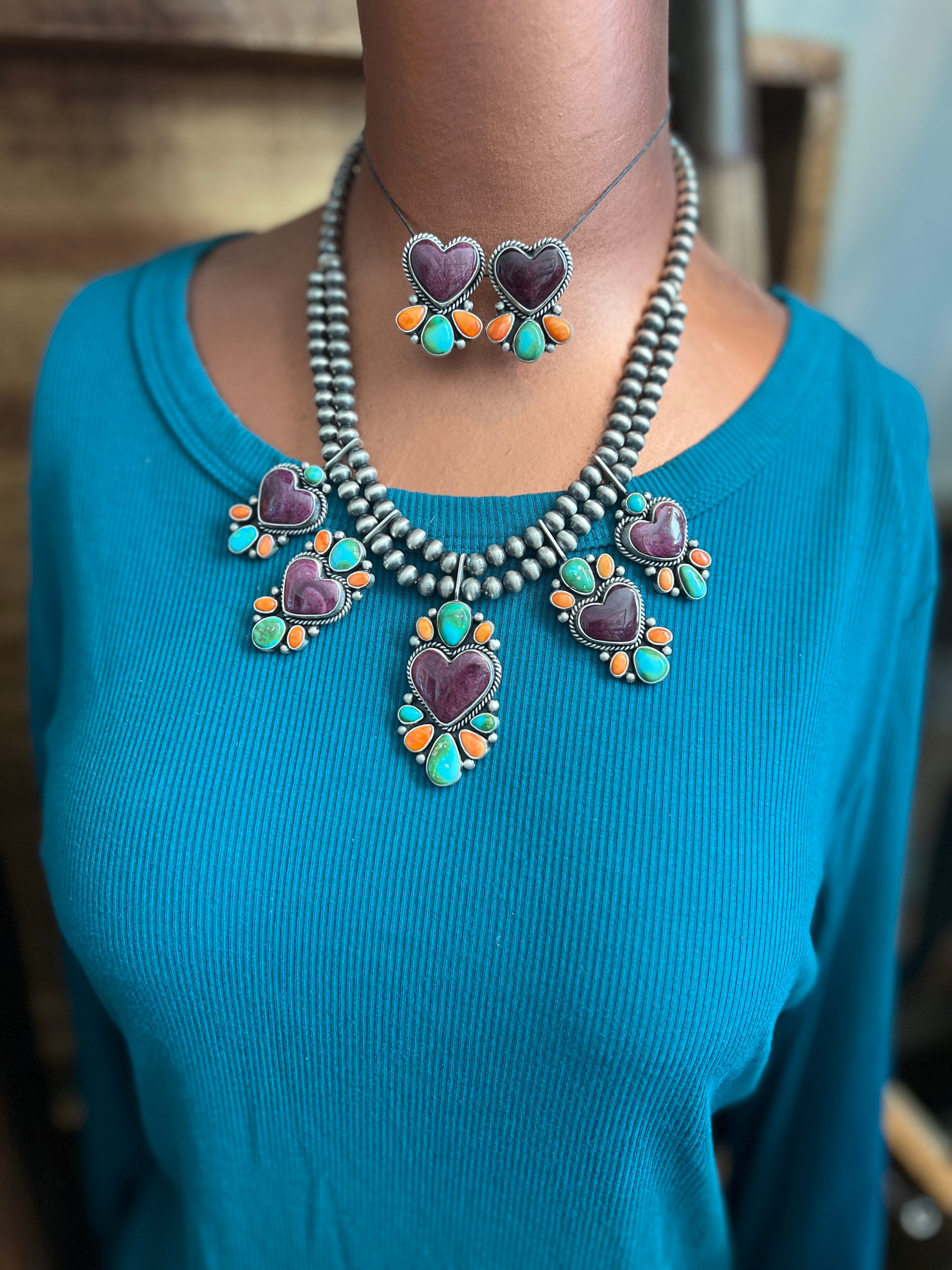 Handcrafted Sterling Silver Electric Rainbow Beaded Heart Cluster Necklace & Earrings Set by Angela Martin