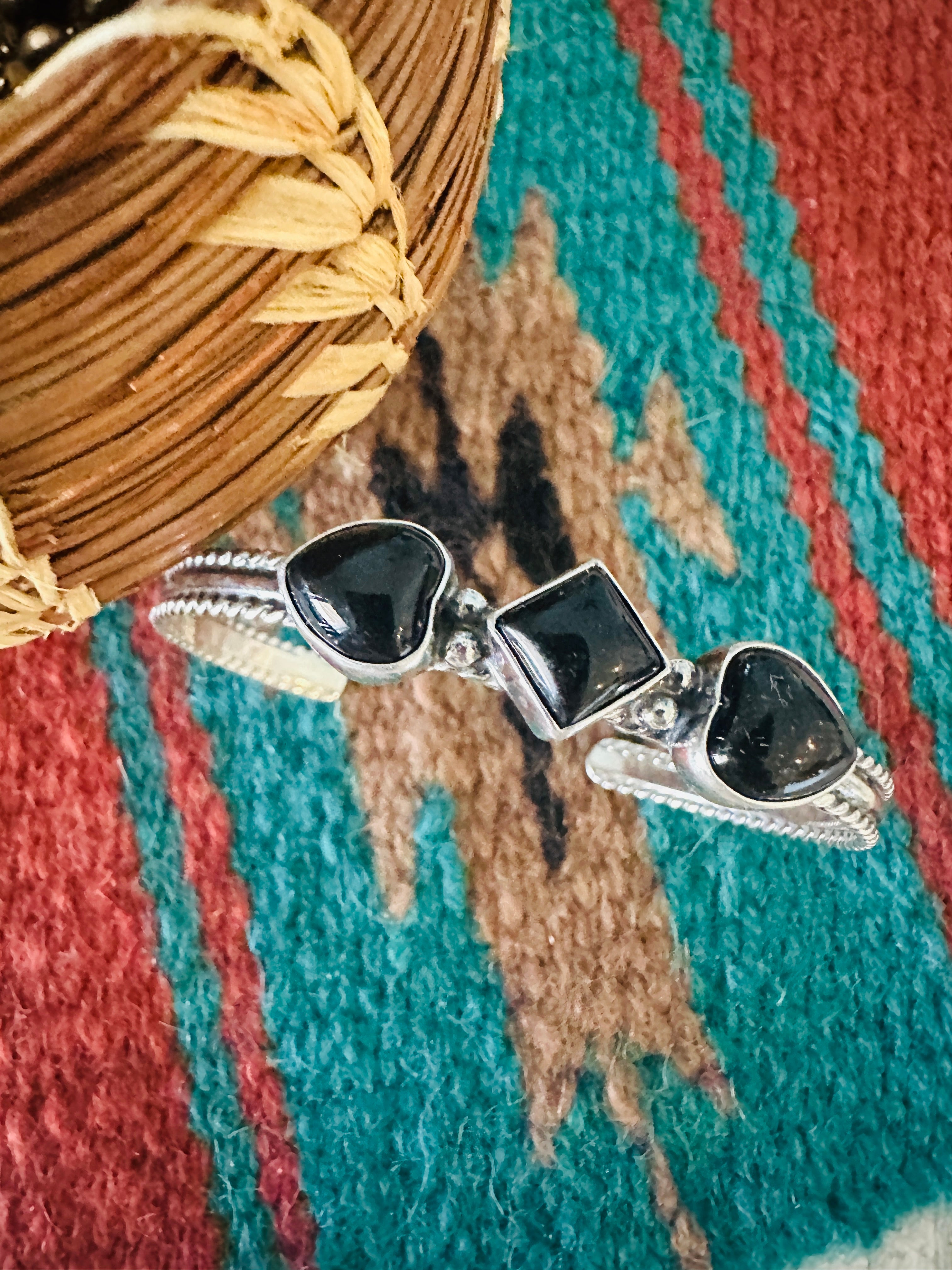 Navajo Sterling Silver & Black Onyx Heart Cuff Bracelet