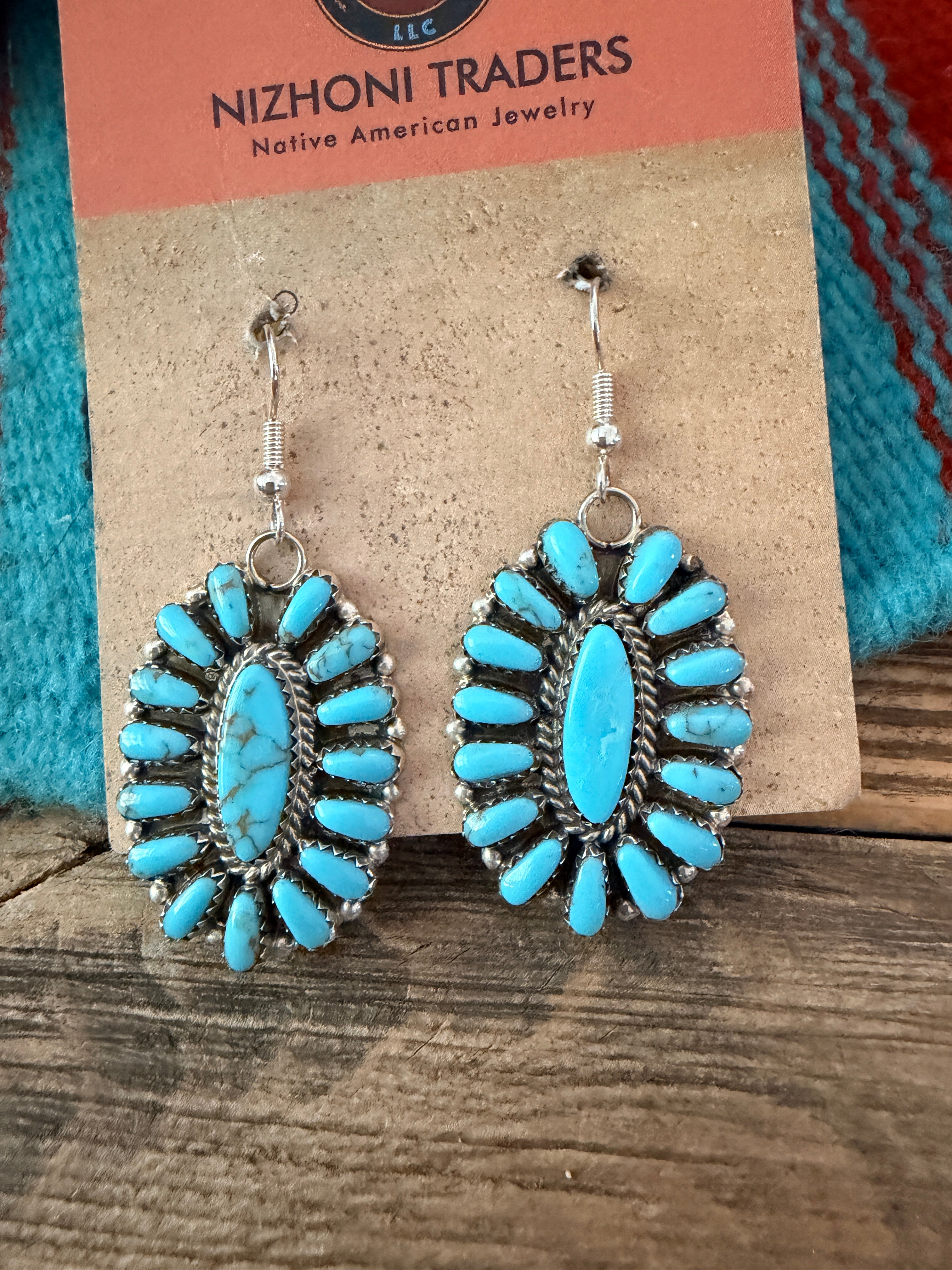 Old Pawn Handcrafted Sterling Silver & Turquoise Cluster Dangle Earrings