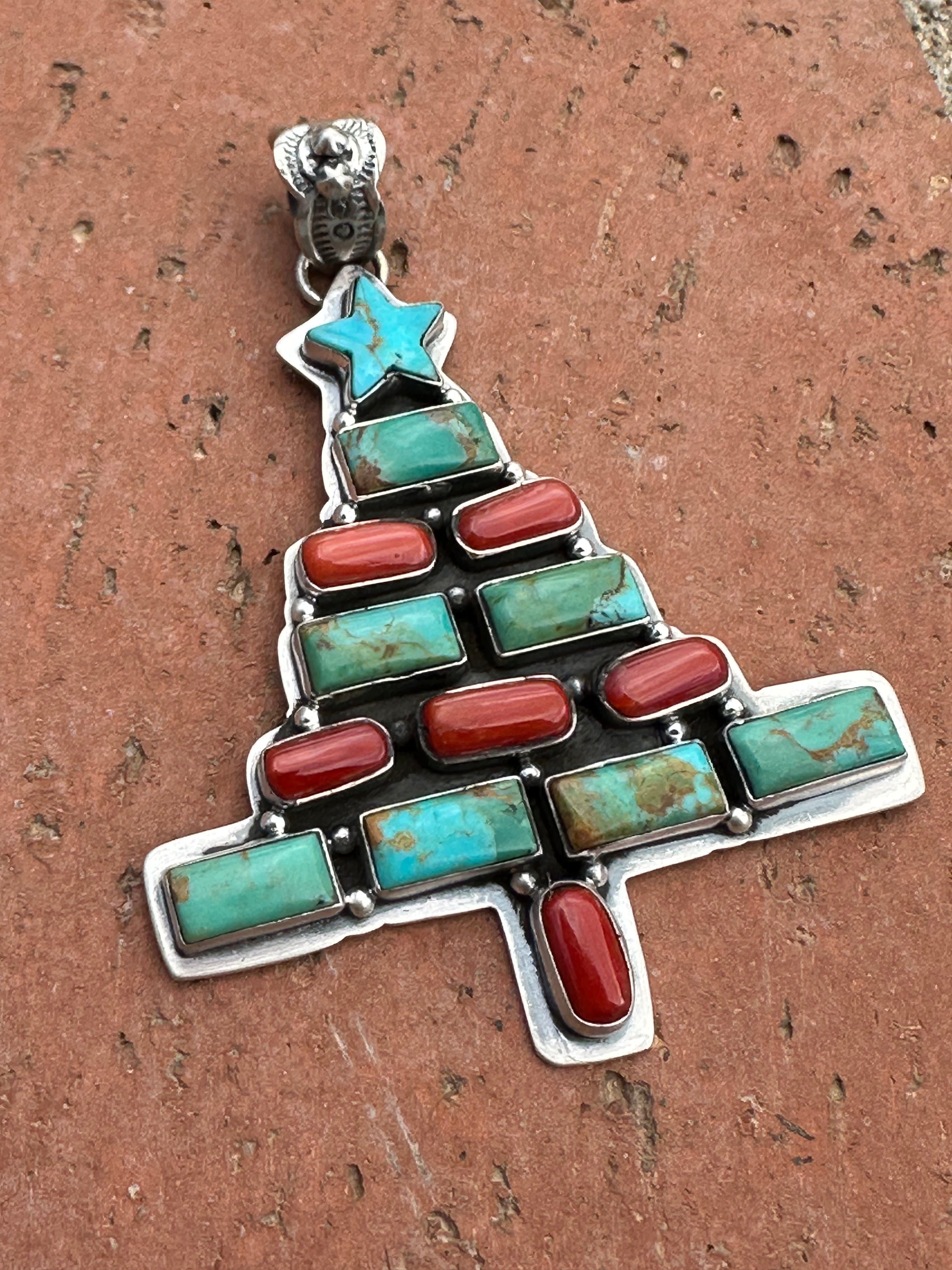 Handmade Sterling Silver, Coral & Turquoise Christmas Tree Pendant