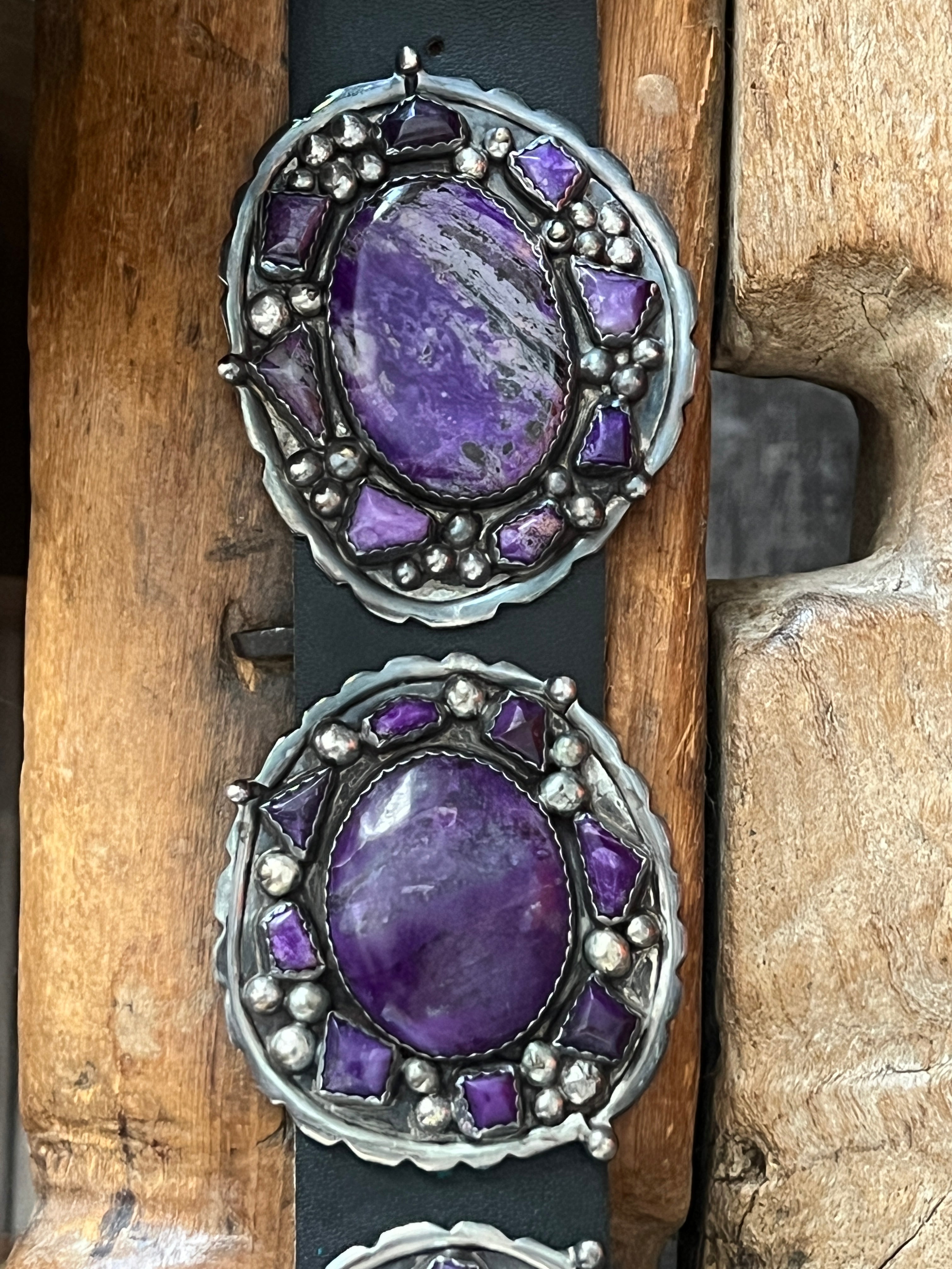 Gorgeous Old Pawn Handcrafted Sterling Silver and Purple Sodalite Concho Belt by Eric & Carol Fierro