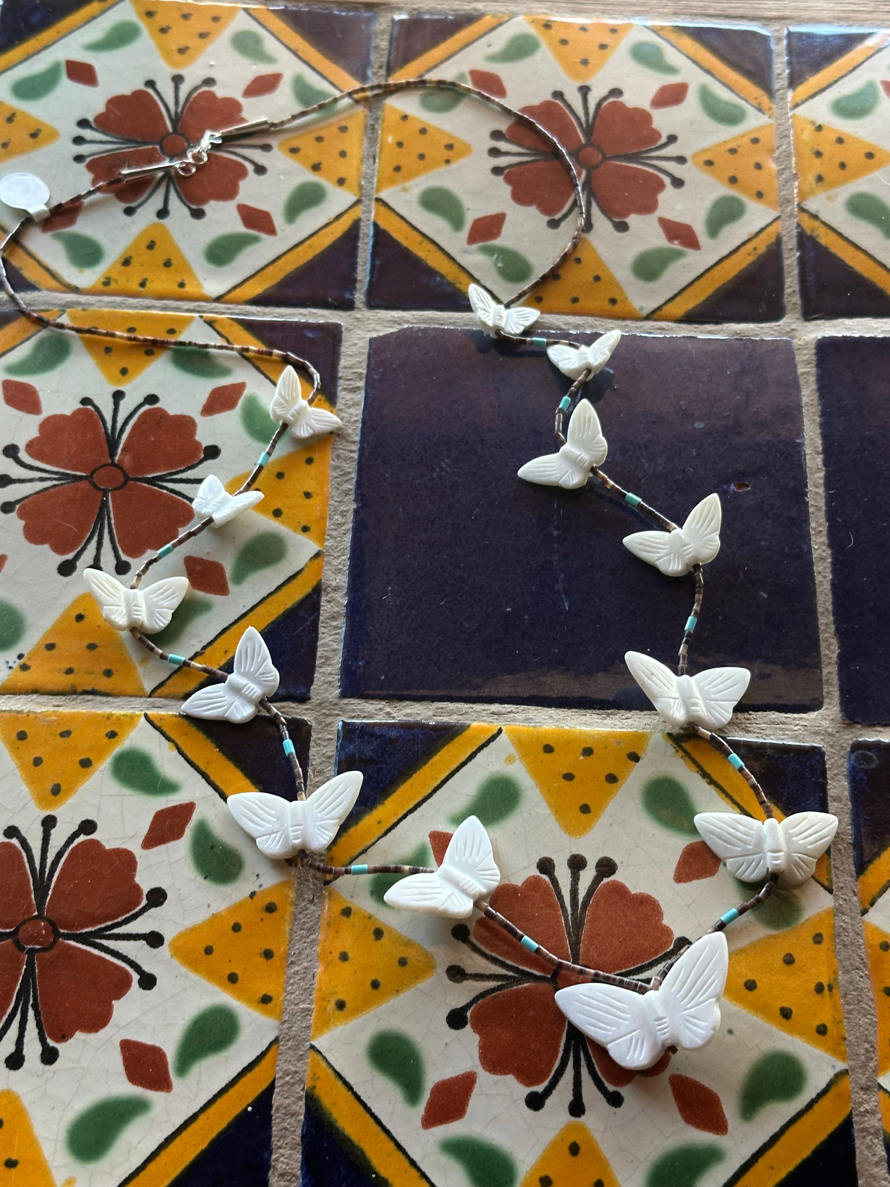 Handcrafted Multi Stone & Heishi Beaded Butterfly Fetish Necklace