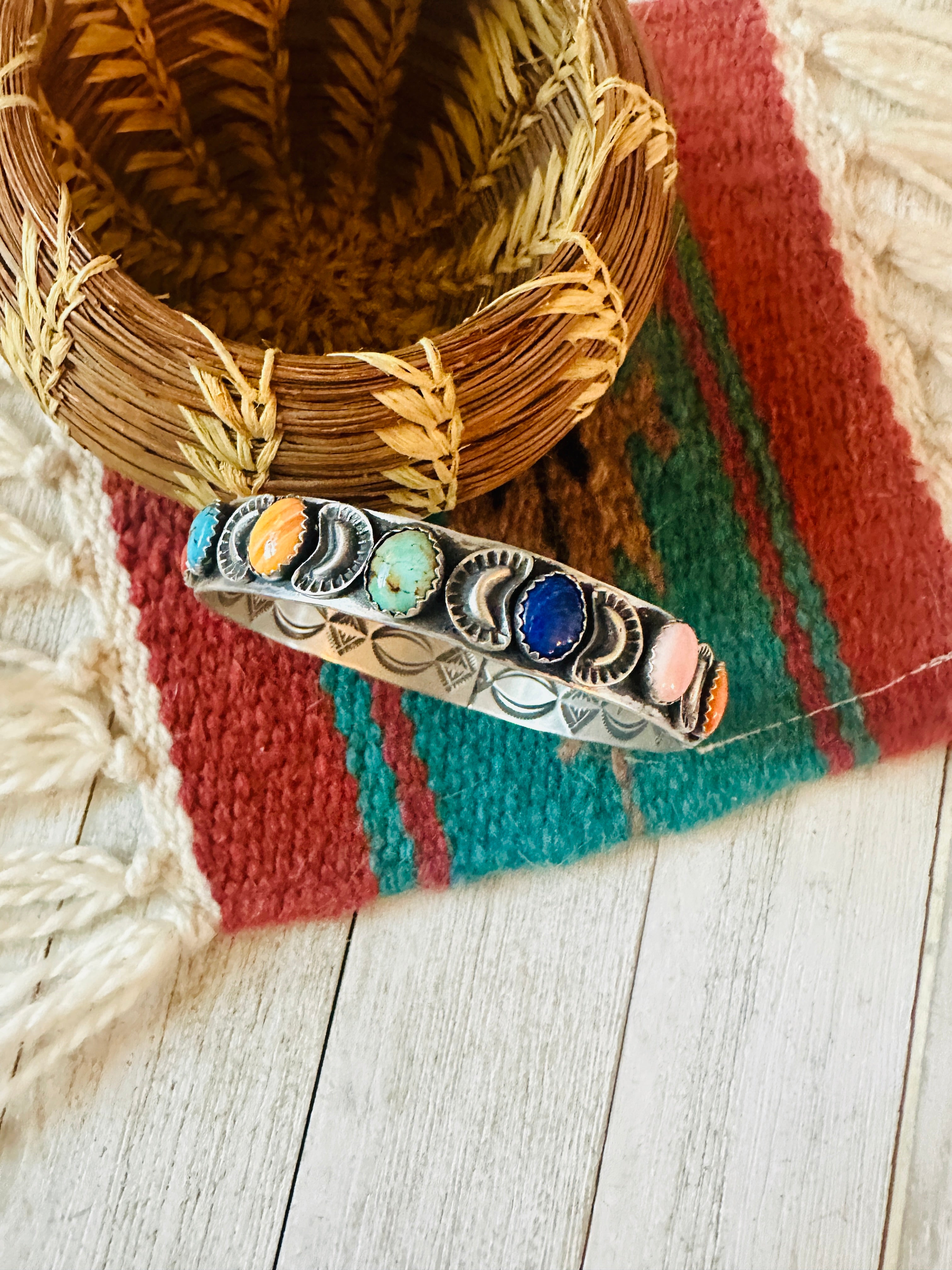 Navajo Multi Stone Sterling Silver Bangle Bracelet Signed Leroy Jame