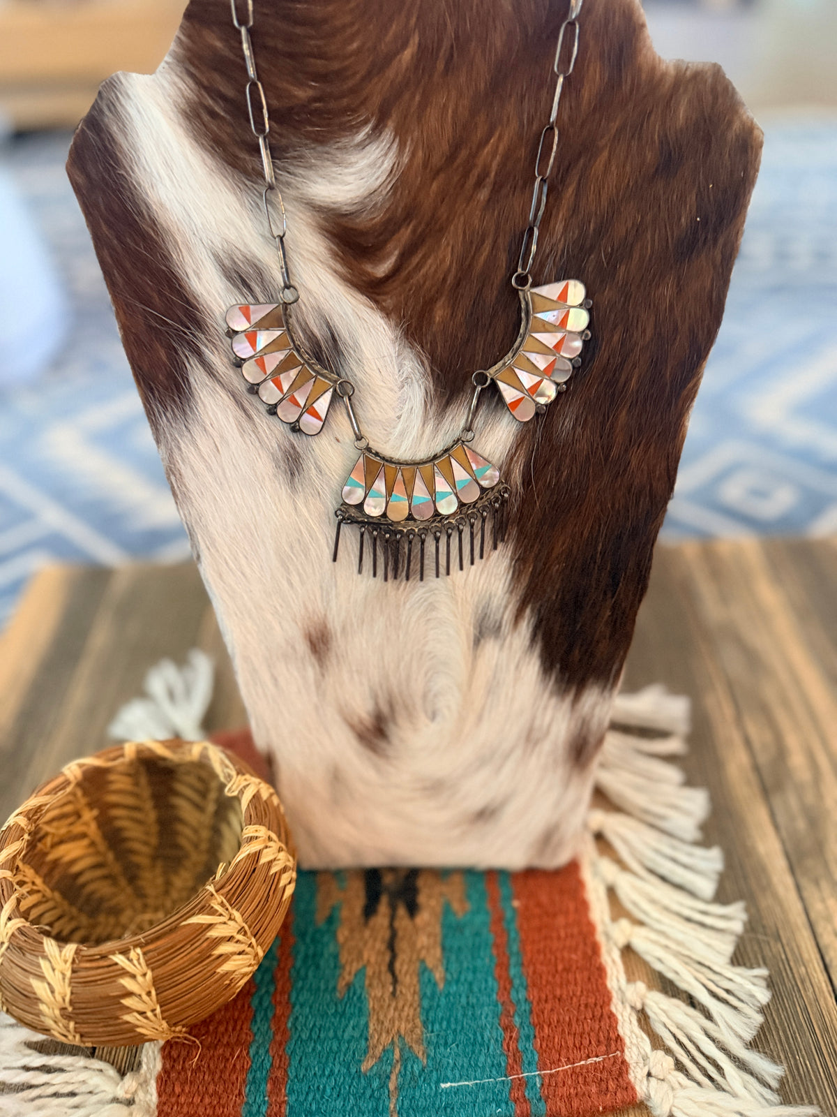 Old Pawn Handcrafted Sterling Silver and Multi Stone Inlay Necklace