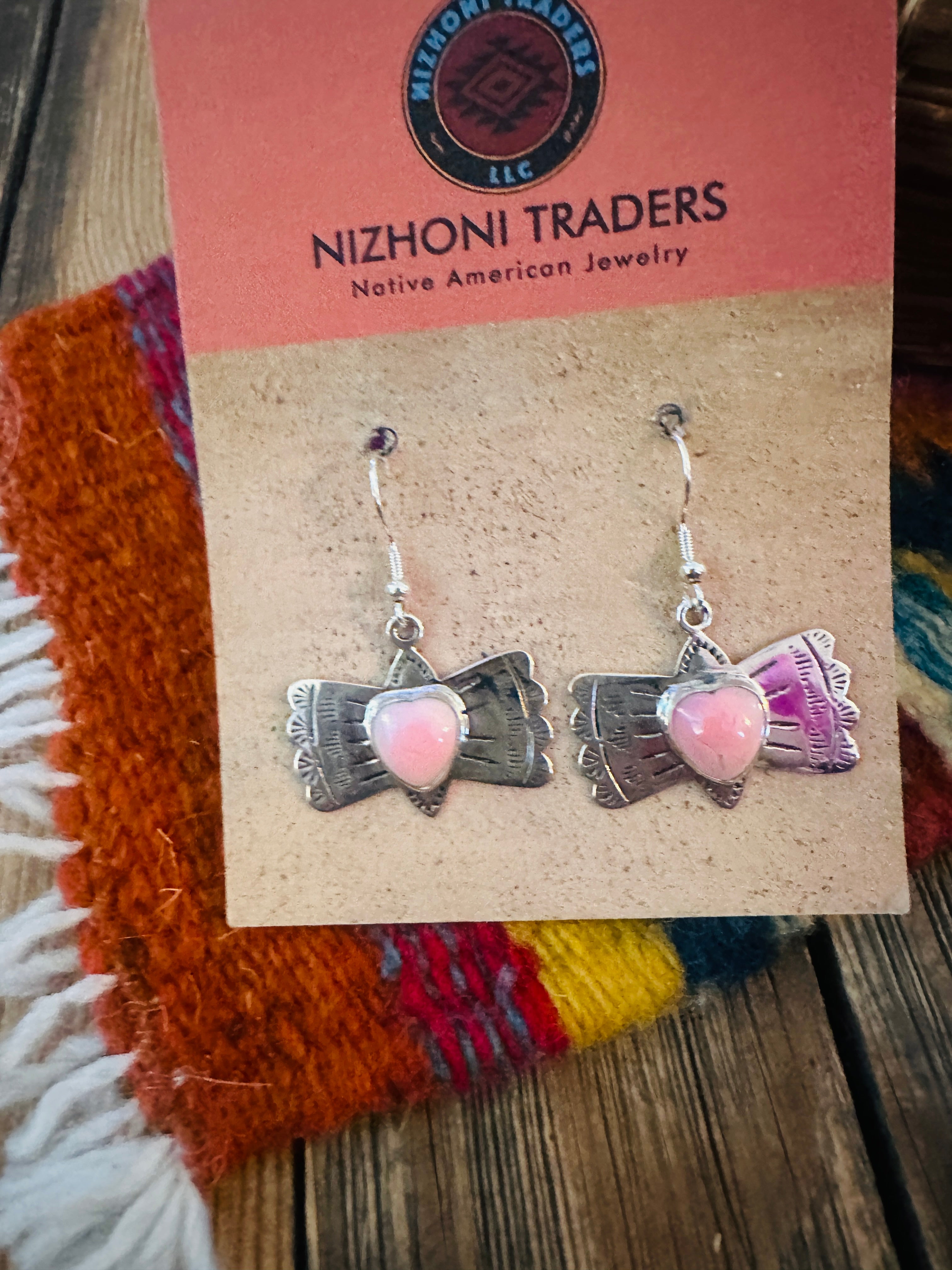 Handcrafted Queen Pink Conch & Sterling Silver Heart Dangle Earrings