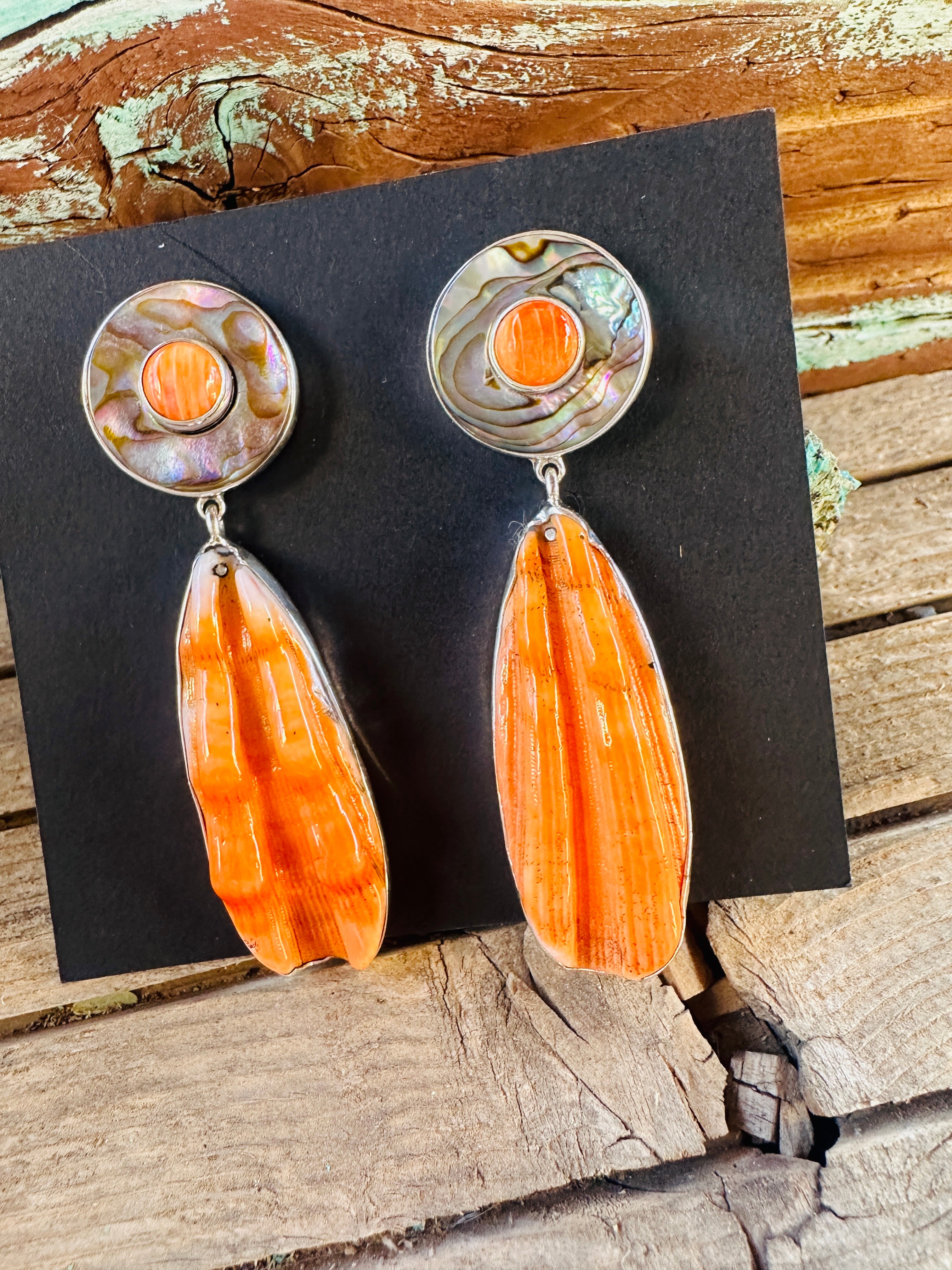 Handcrafted Spiny Oyster, Abalone & Sterling Silver Dangle Earrings by Federico Jimenez