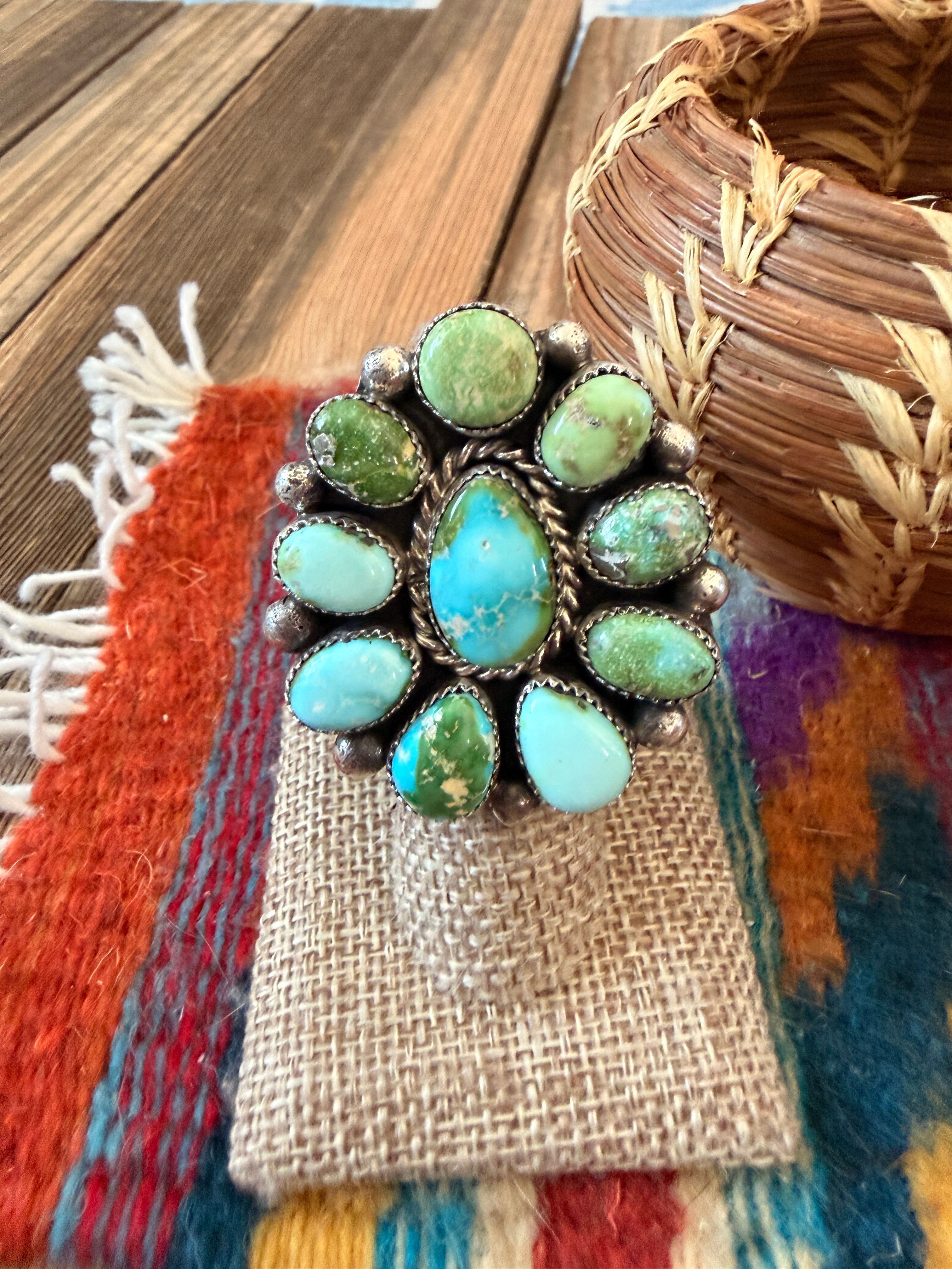 Handcrafted Sonoran Mountain Turquoise & Sterling Silver Cluster Adjustable Ring