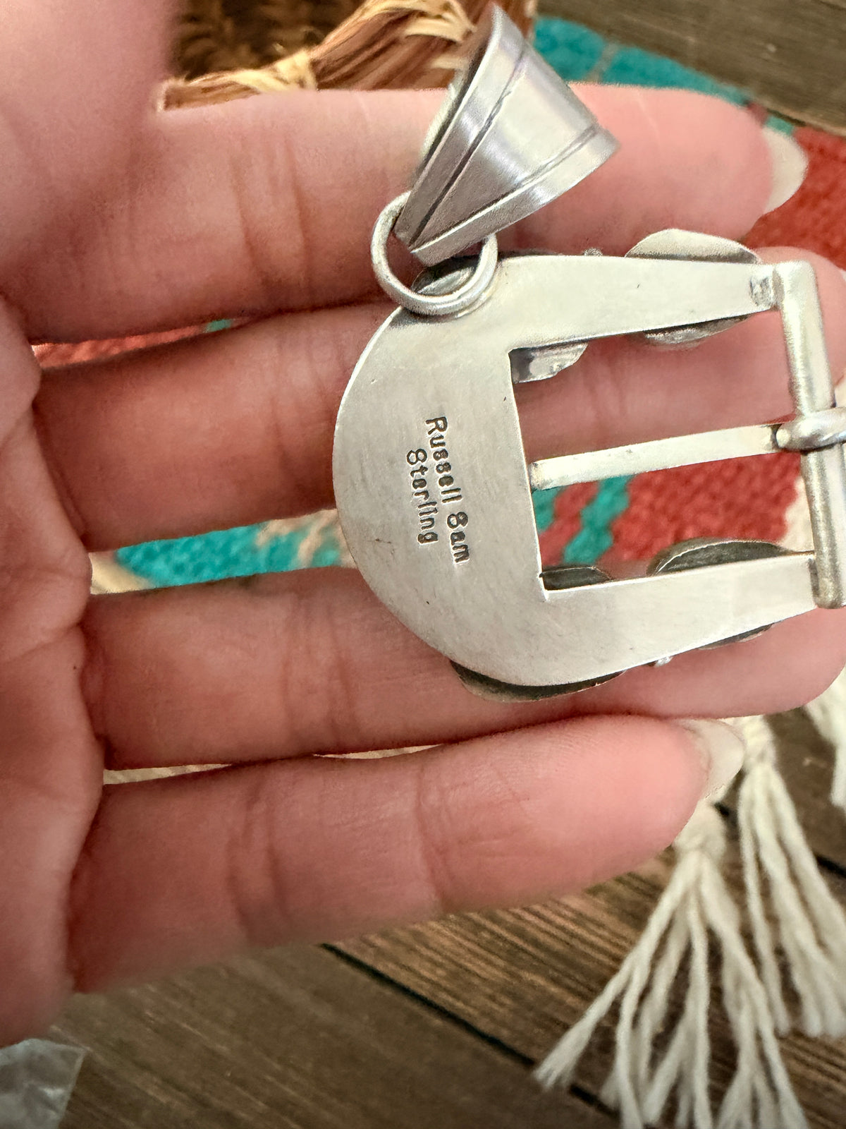 Handcrafted Sterling Silver & Turquoise Belt Buckle Pendant by Russell Sam