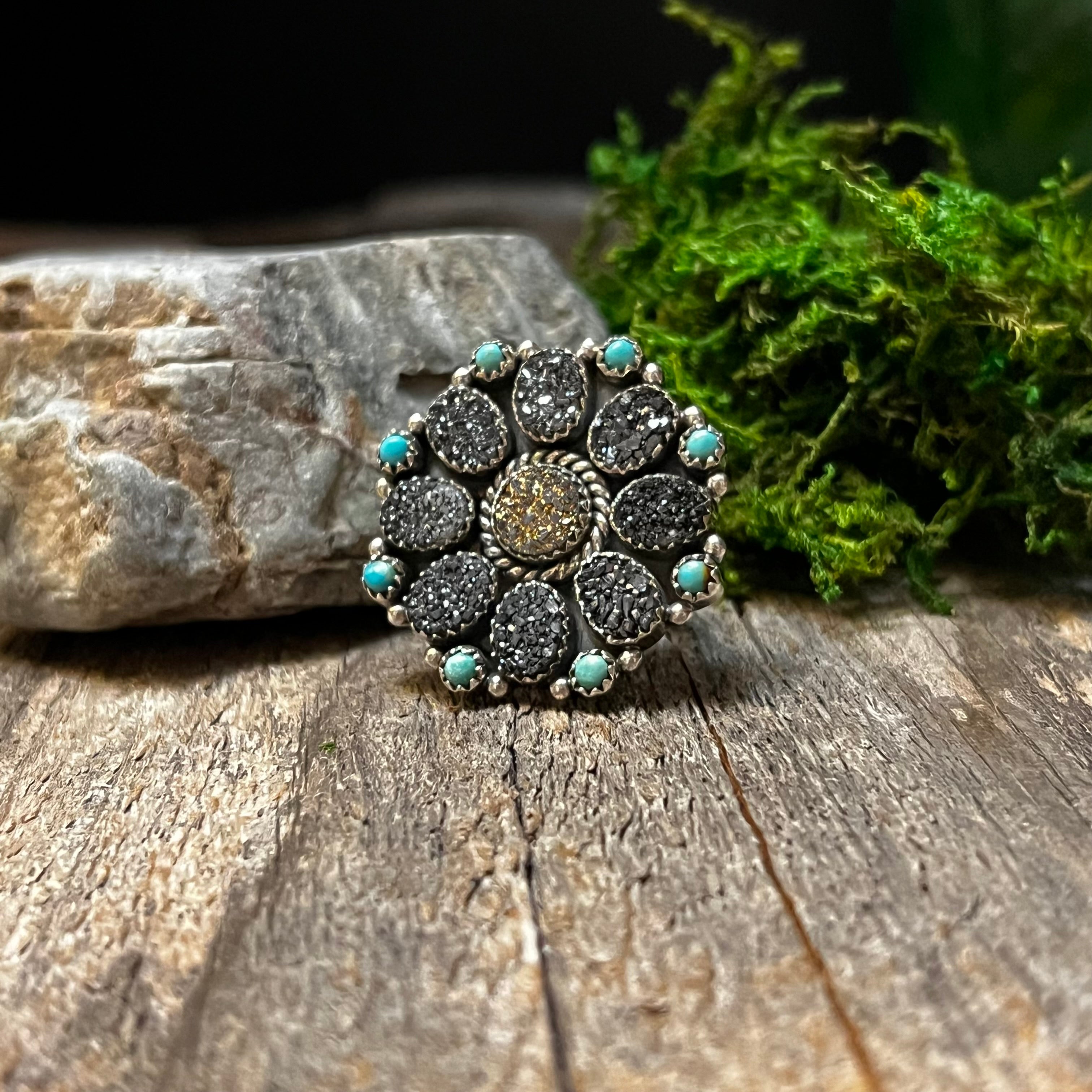 Handmade Sterling Silver Turquoise, Black & Gold Druzy Cluster Ring