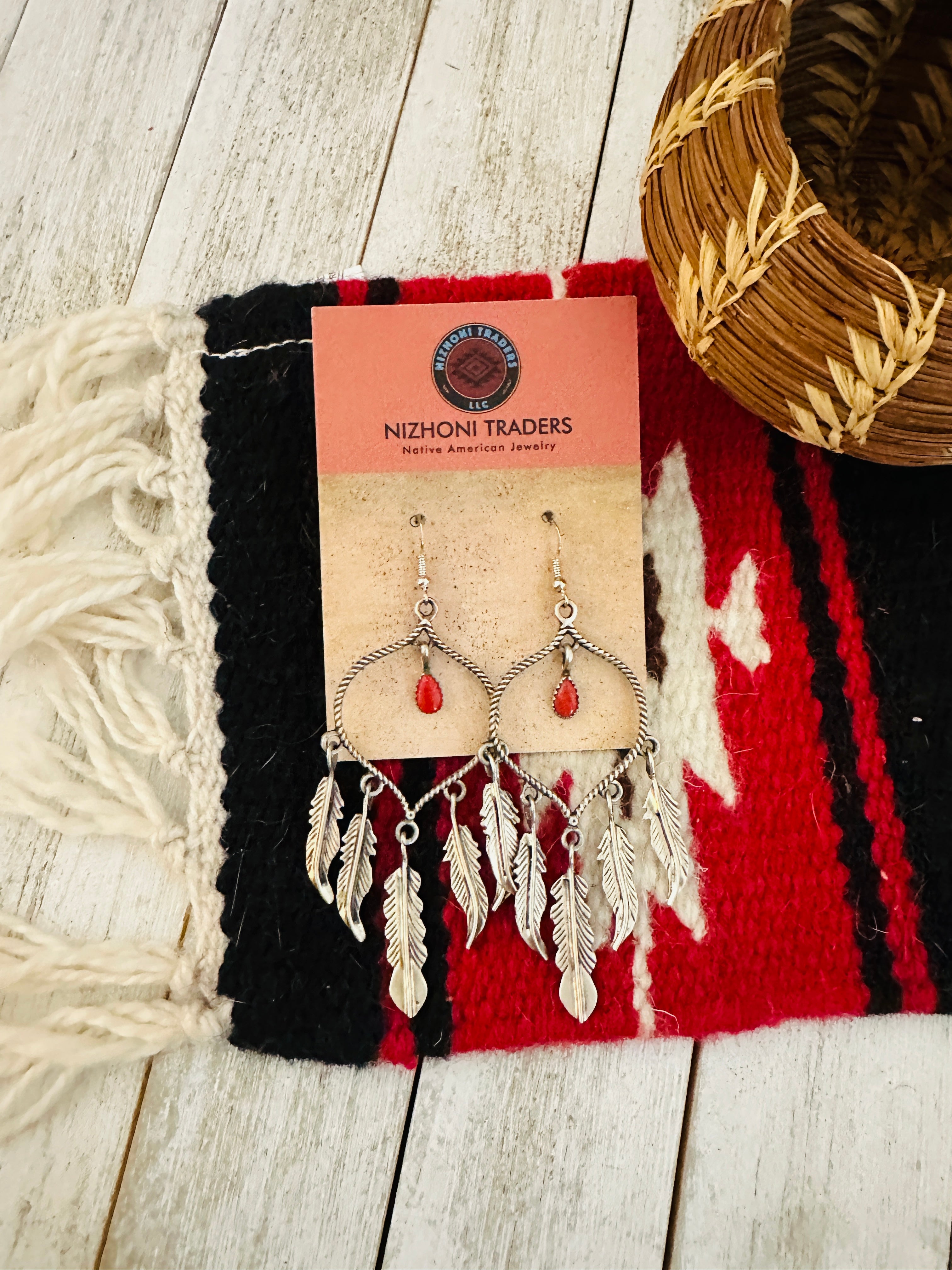 Navajo Coral & Sterling Silver Feather Dangle Earrings