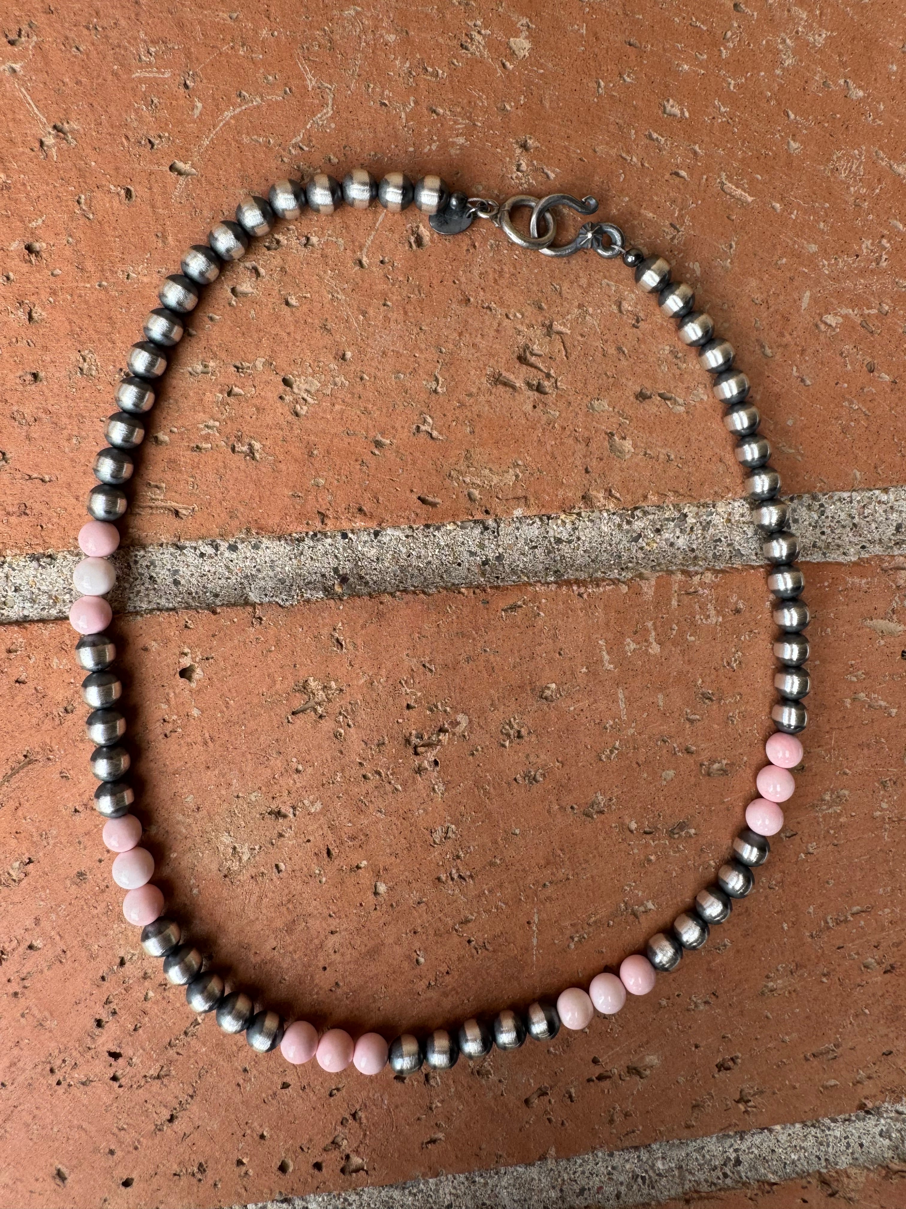 Handcrafted  Sterling Silver Pearl & Queen Pink Conch Beaded Necklace 6mm