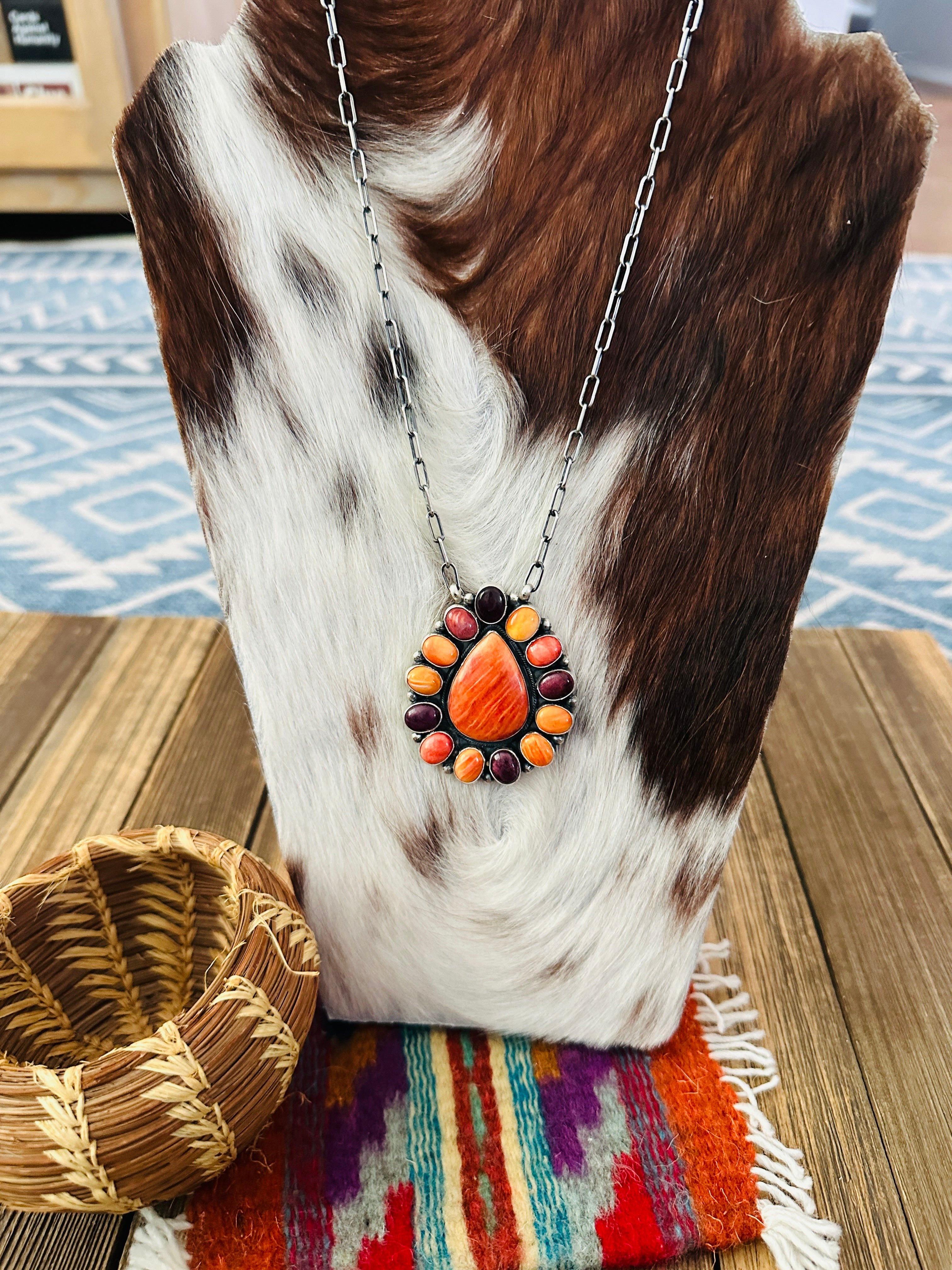 Handcrafted Multicolor Spiny Oyster & Sterling Silver Cluster Necklace by Sheila Becenti