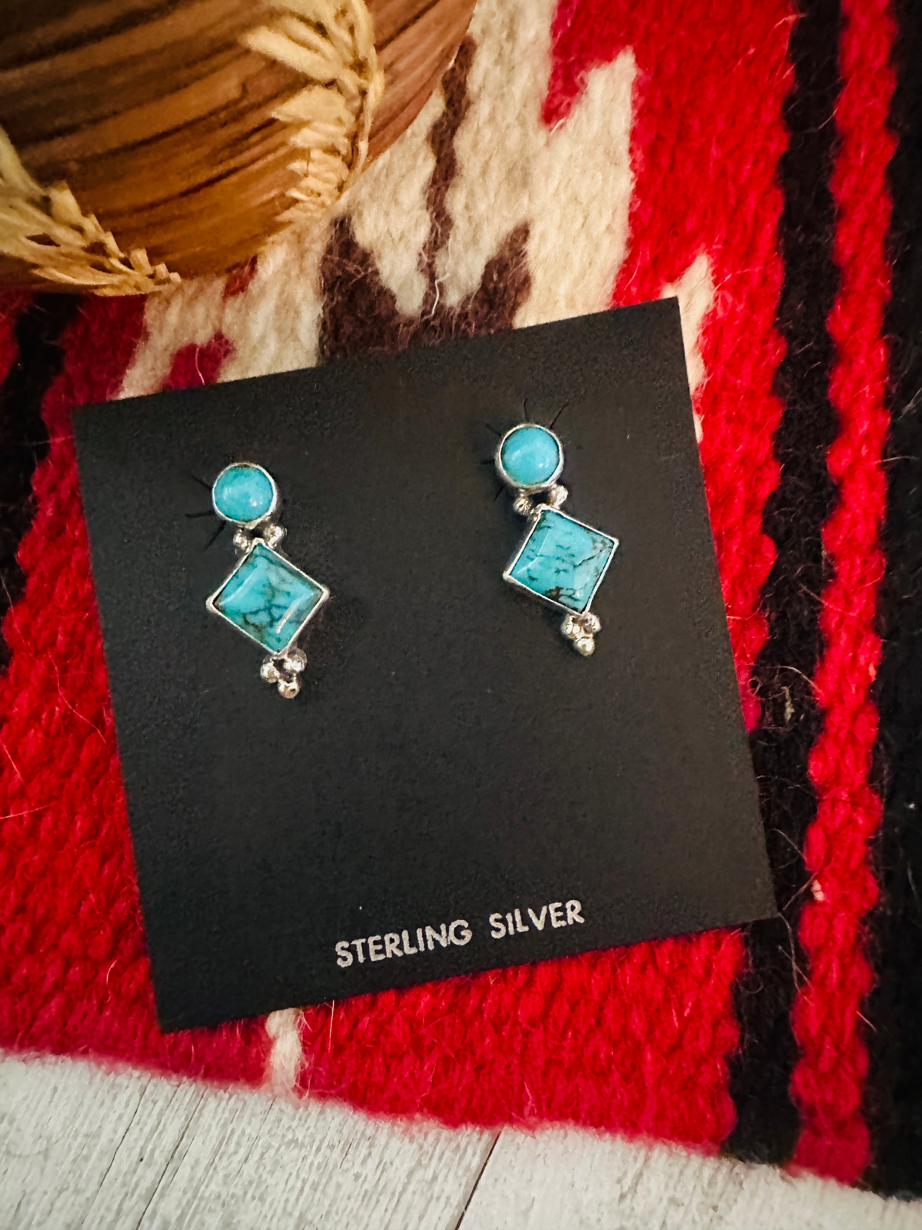 Navajo Sterling Silver & Turquoise Diamond Dangle Earrings