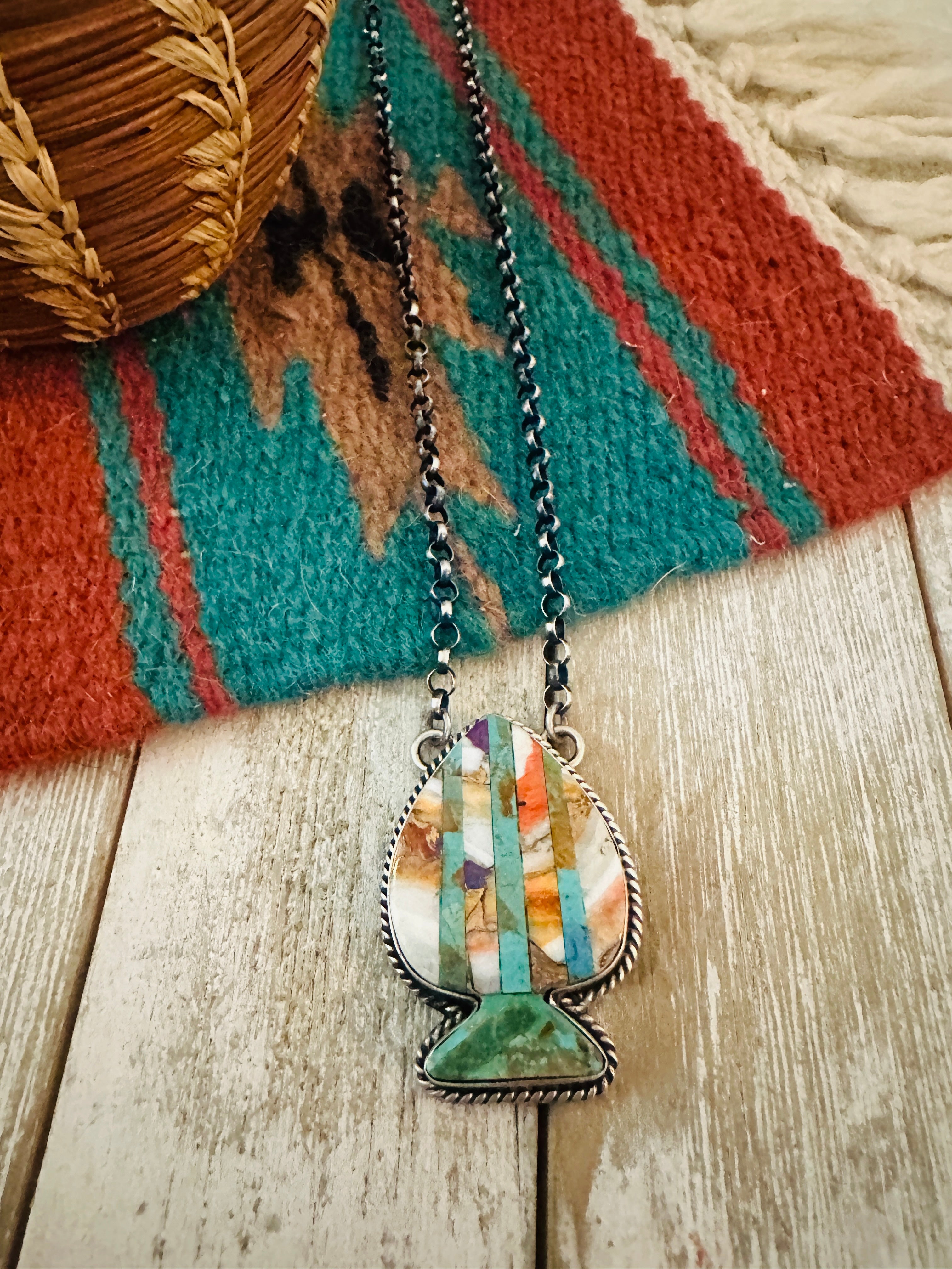 Navajo Sterling Silver & Multi Stone Inlay Spade Necklace