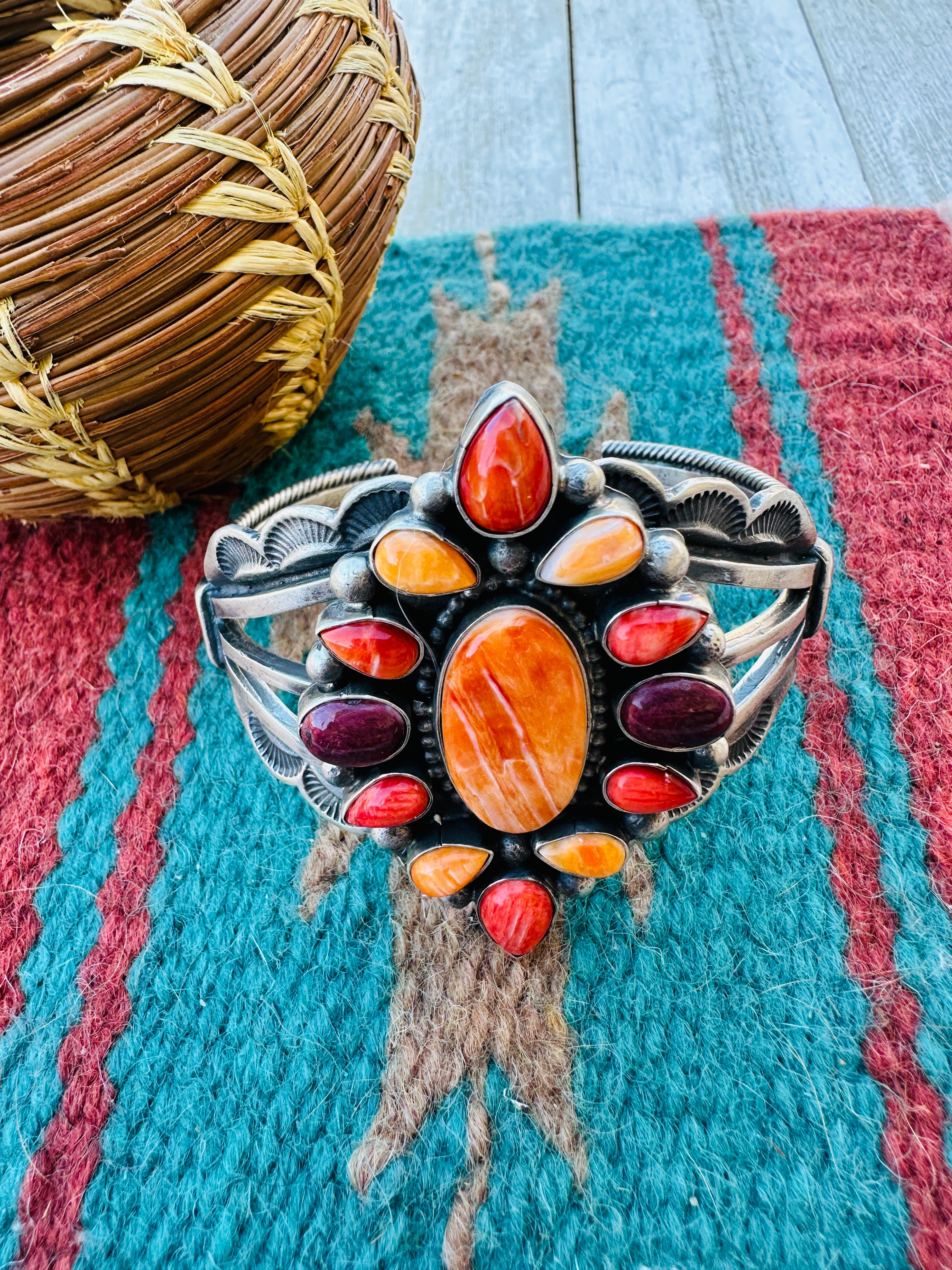 Handcrafted Sterling Silver & Spiny Oyster Cluster Cuff Bracelet