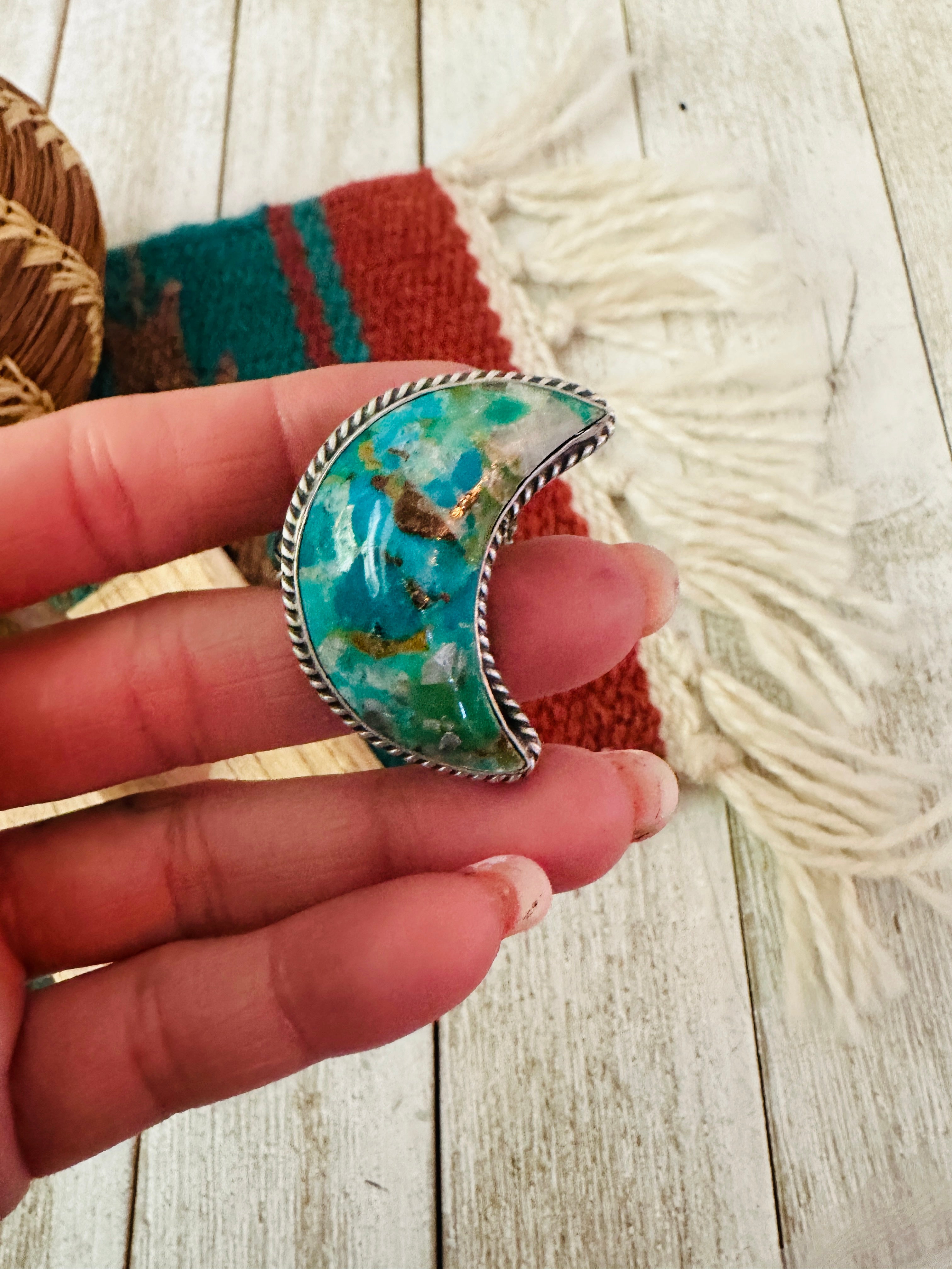 Handcrafted Turquoise & Sterling Silver Adjustable Moon Ring