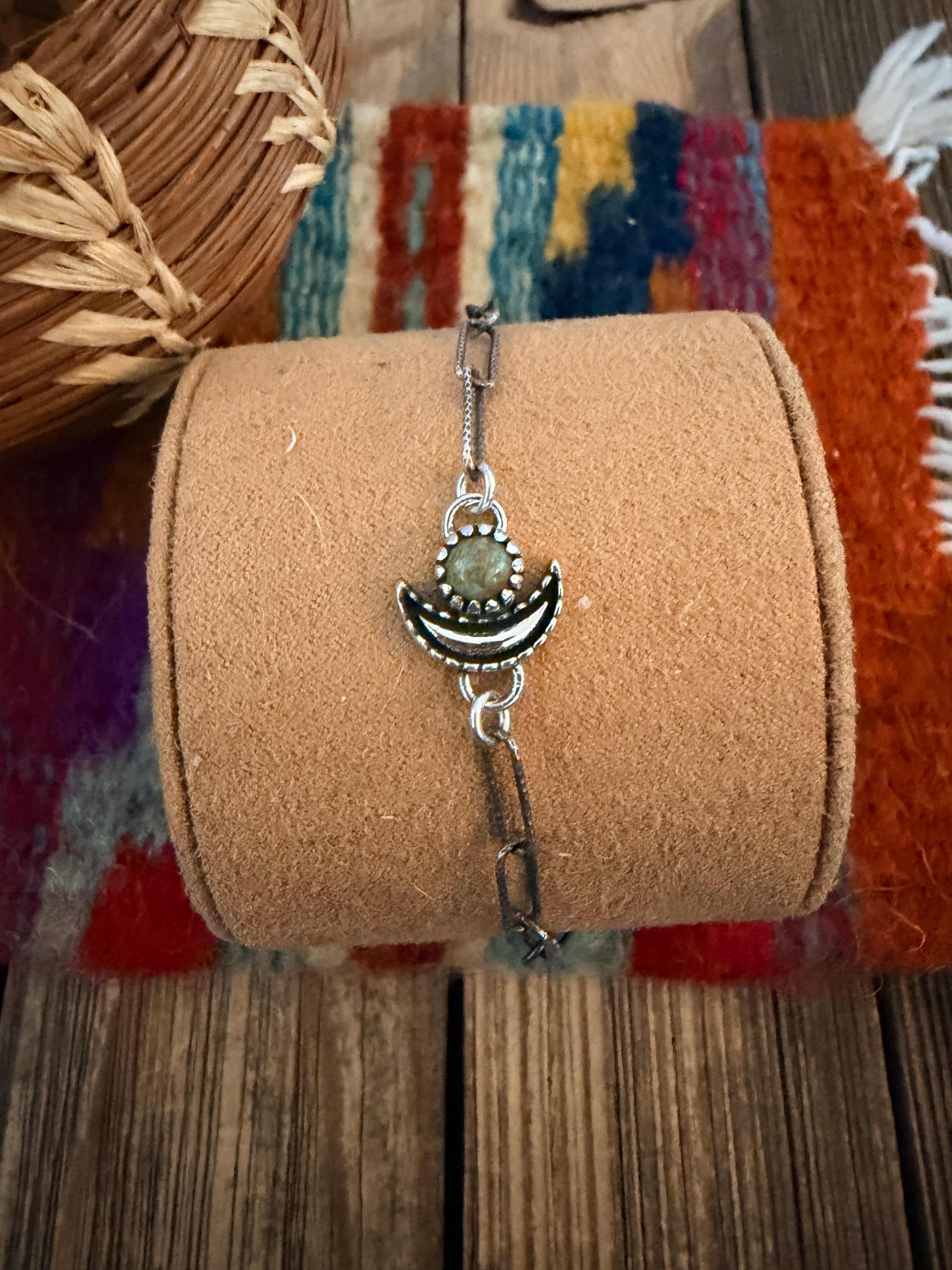 Handmade Kingman Turquoise & Sterling Silver Moon Anklet