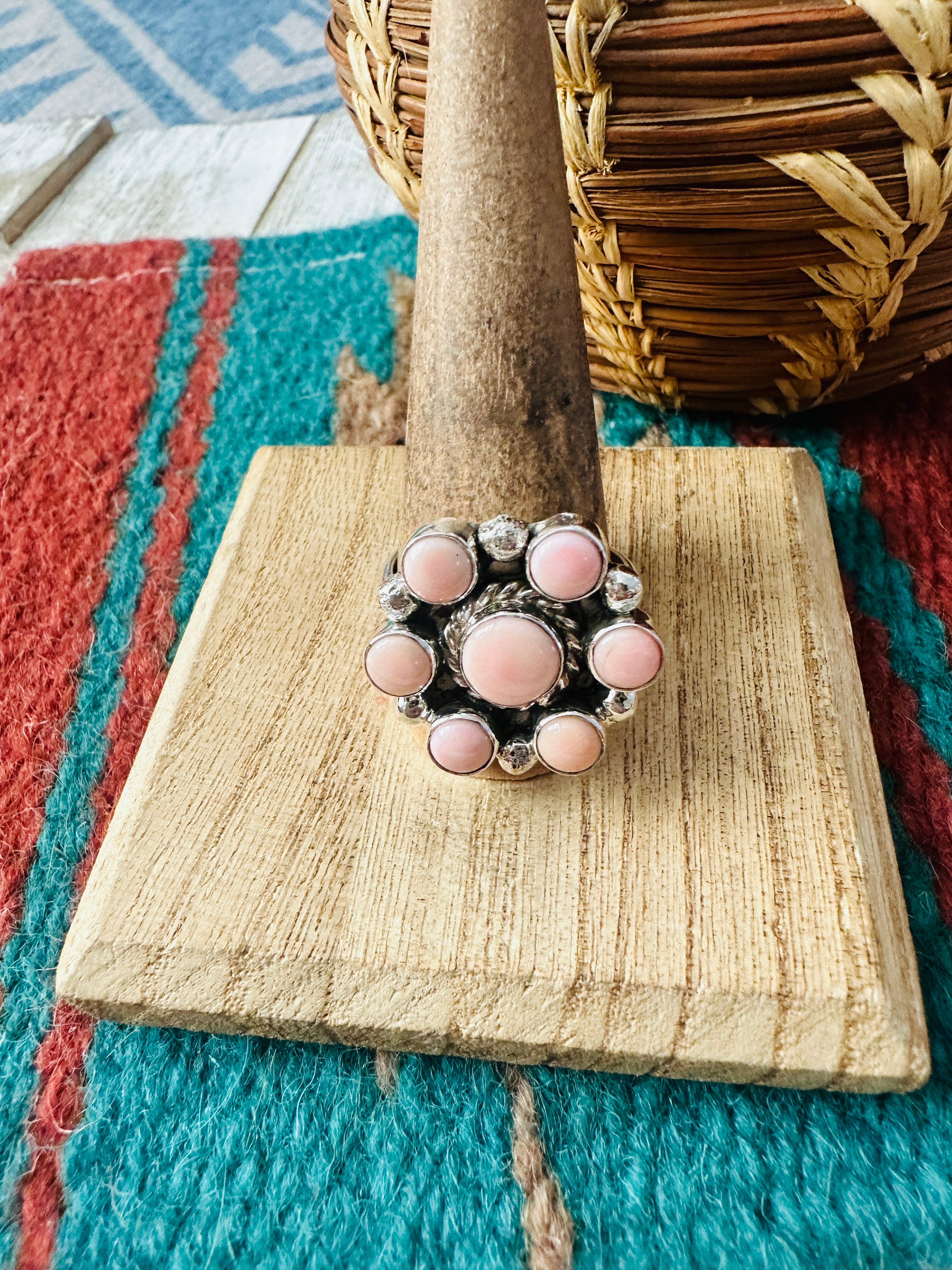 Navajo Sterling Silver & Queen Pink Conch Cluster Adjustable Ring