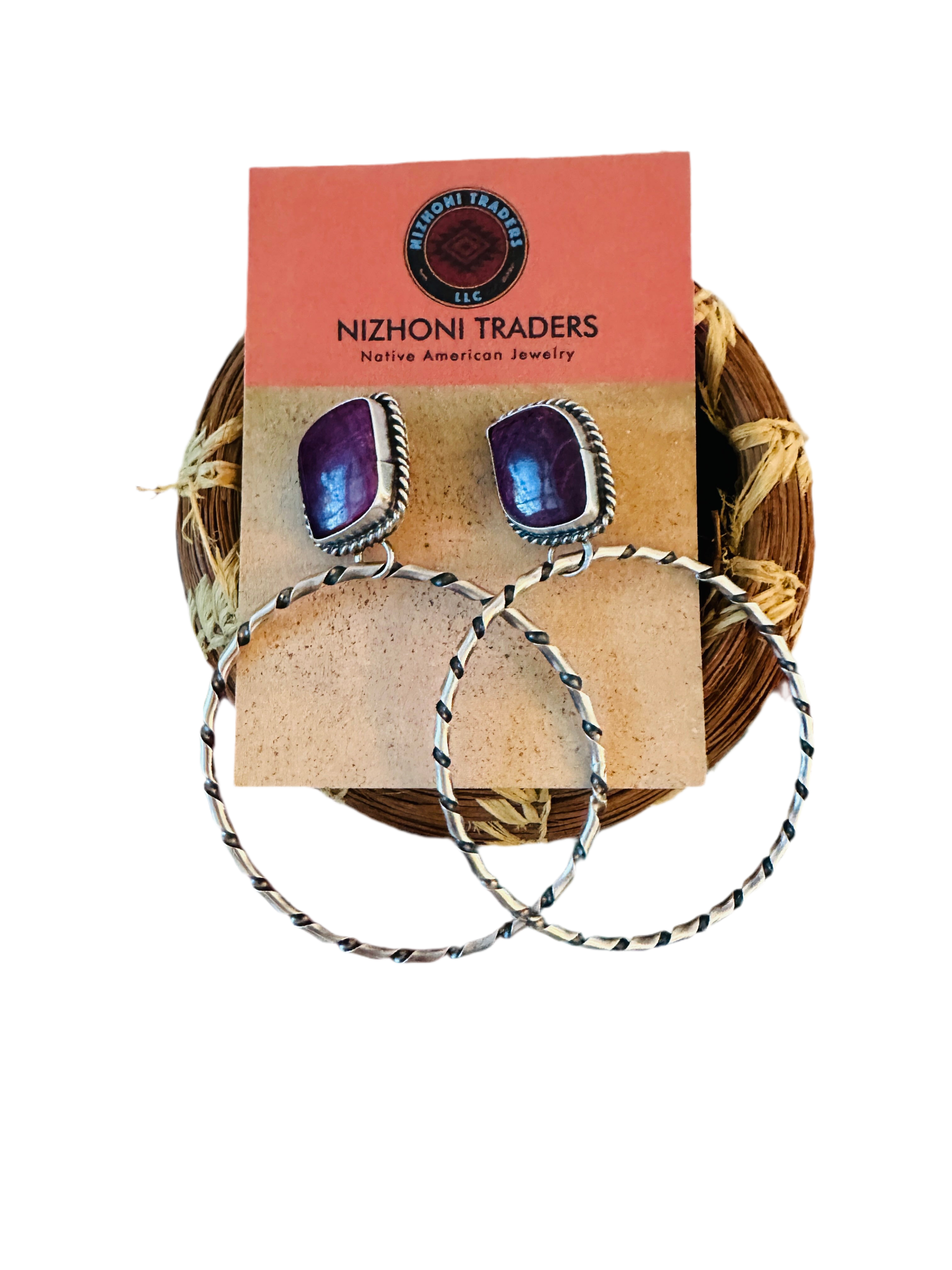 Navajo Purple Spiny and Sterling Silver Dangle Hoop Earrings