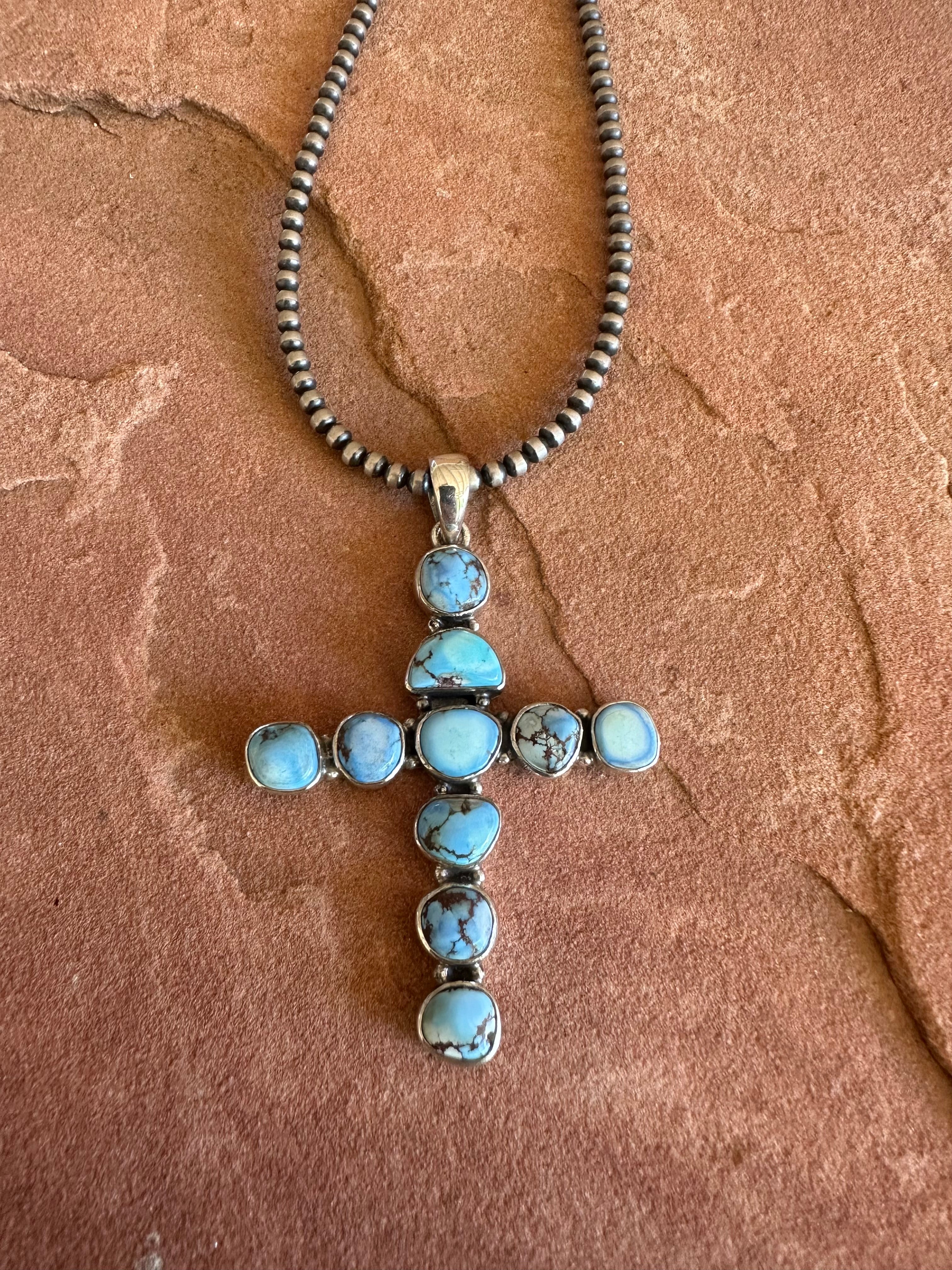 Handmade Golden Hills Turquoise & Sterling Silver Cross Pendant Signed Nizhoni Style 1