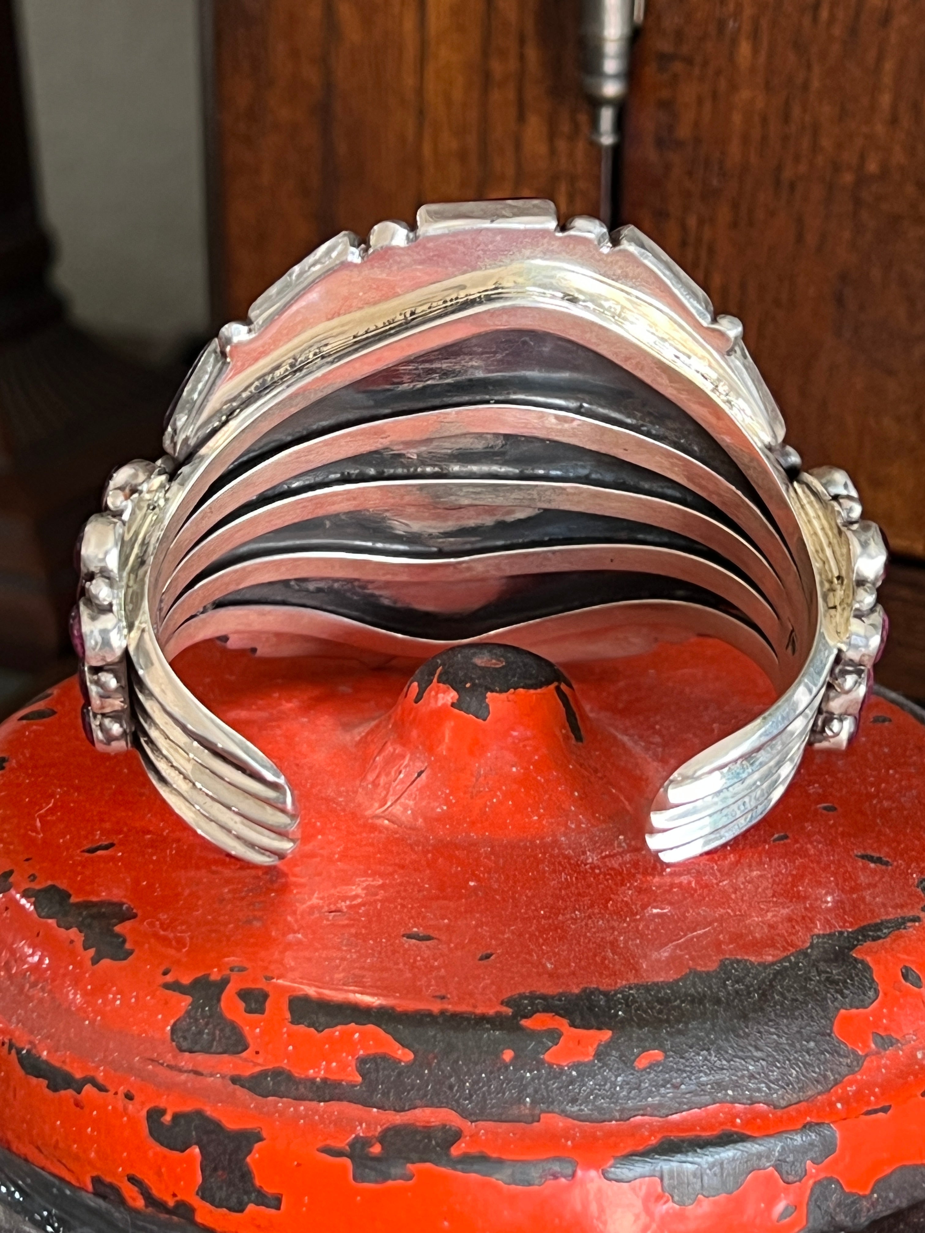 Handcrafted Sterling Silver and Purple Spiny Oyster Cuff Bracelet by Tyler Brown /