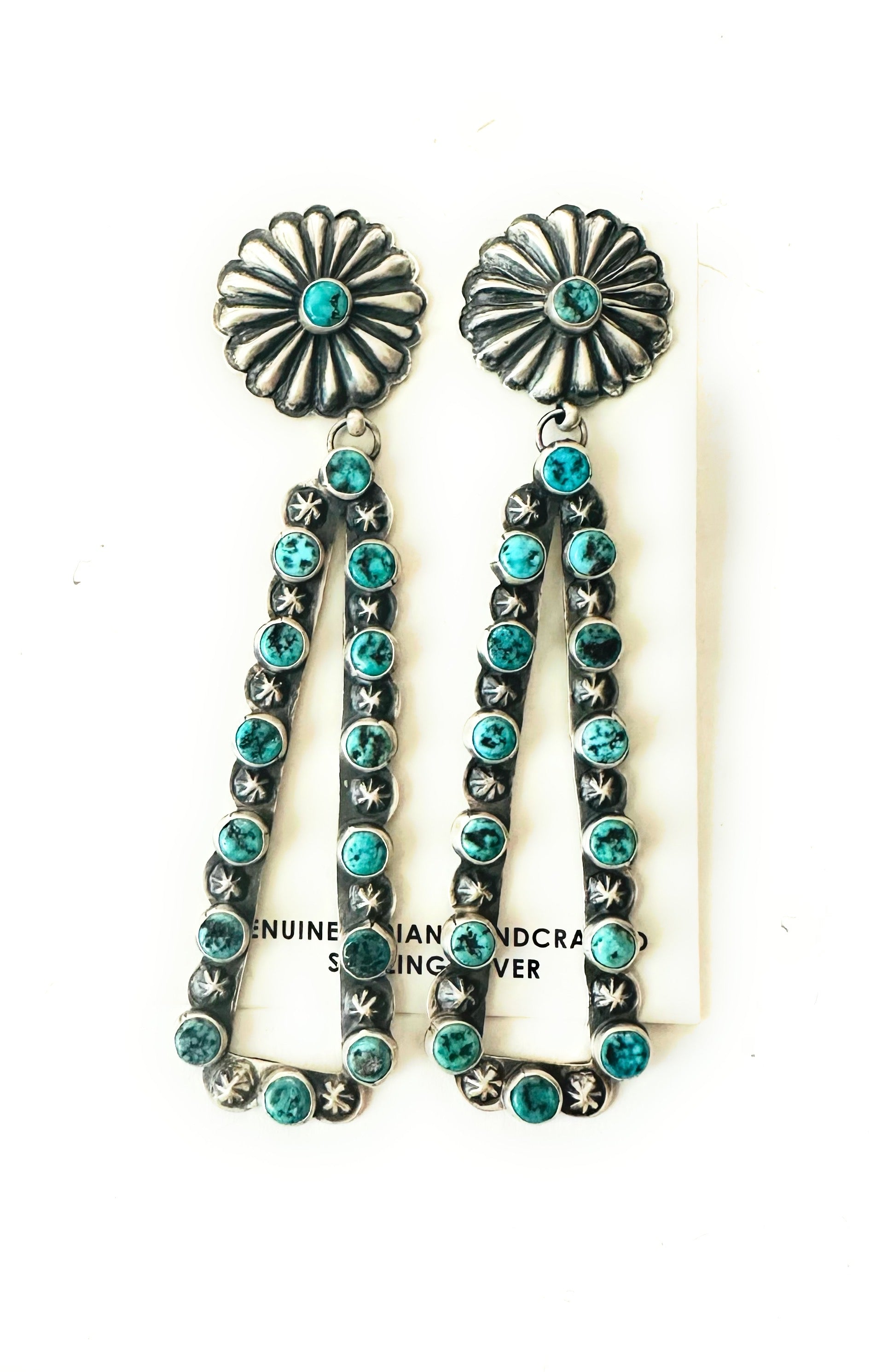 Navajo Sterling Silver & Turquoise Concho Dangle Earrings By Eugene Charley