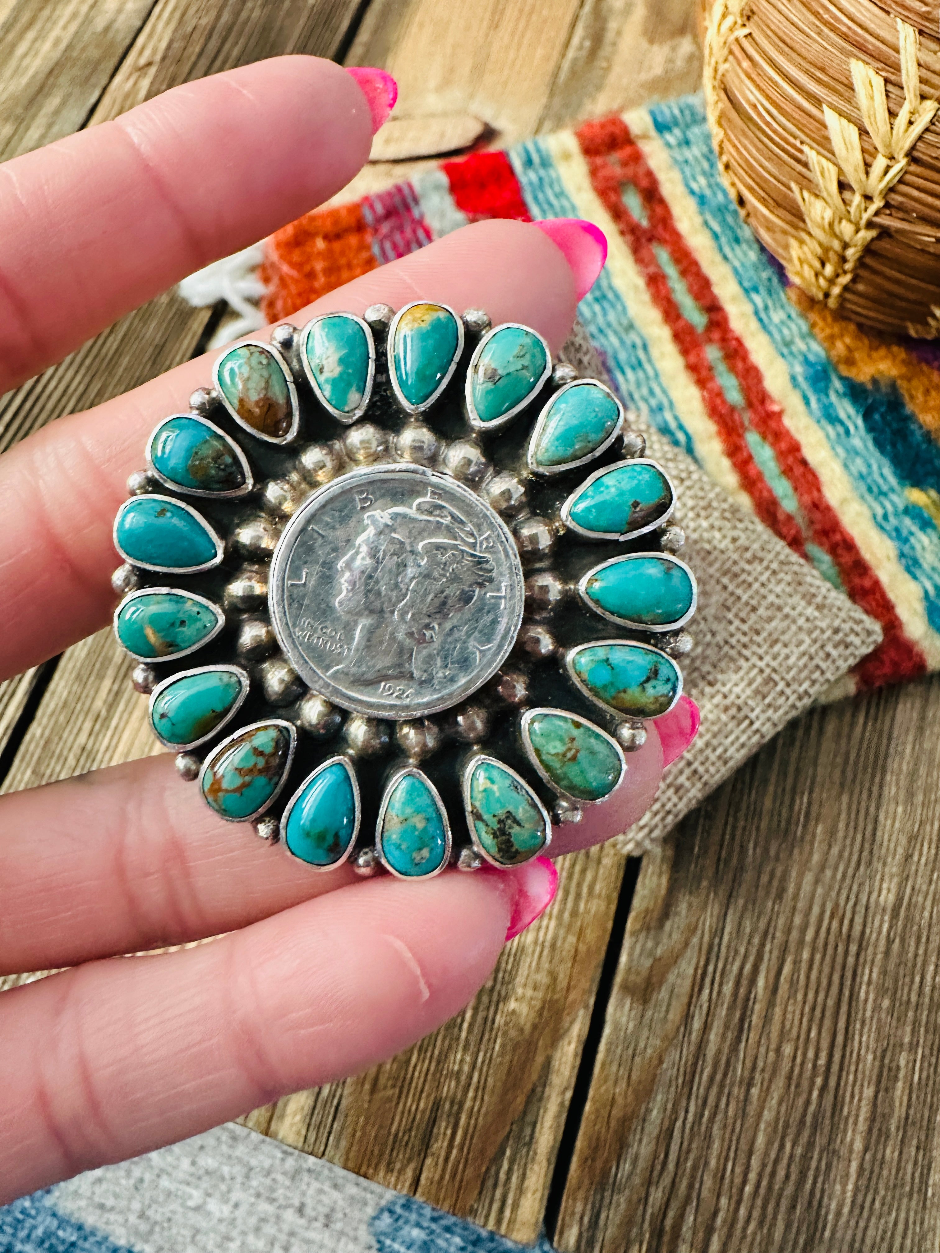 Old Pawn Handcrafted Turquoise & Sterling Silver Liberty Dime Adjustable Ring by Tonya Rafael