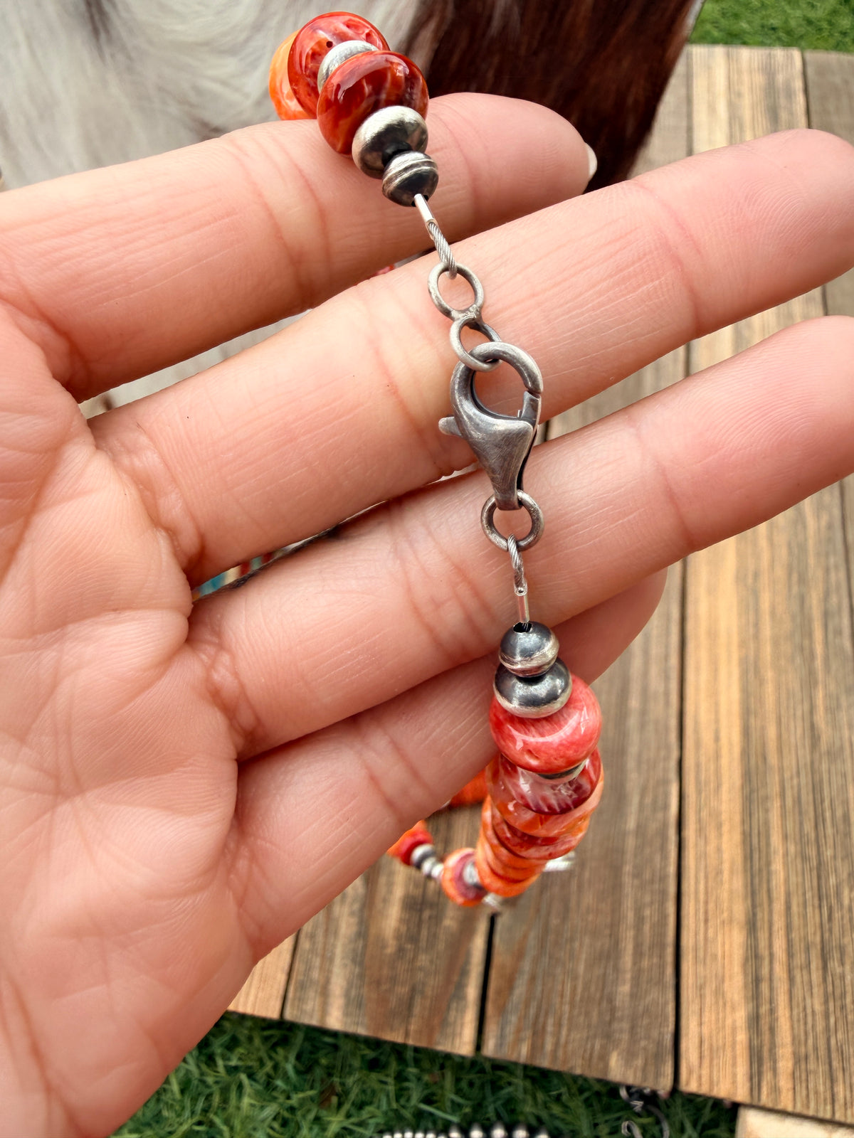 Handcrafted Spiny Oyster & Sterling Silver Beaded Necklace and Earring Set by Aaron Robeson