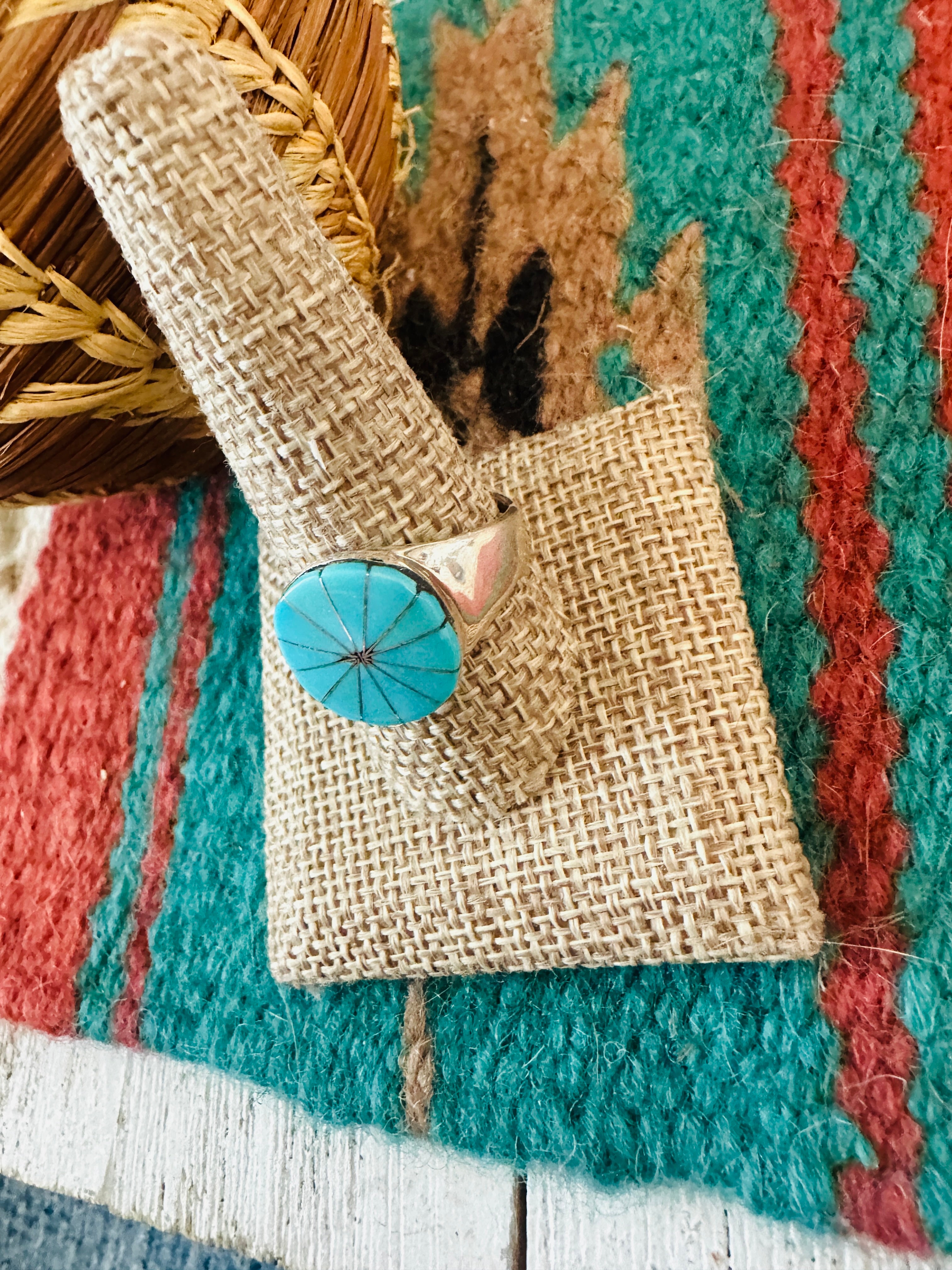 Handcrafted Silver & Turquoise Inlay Flower Ring Size 10.5