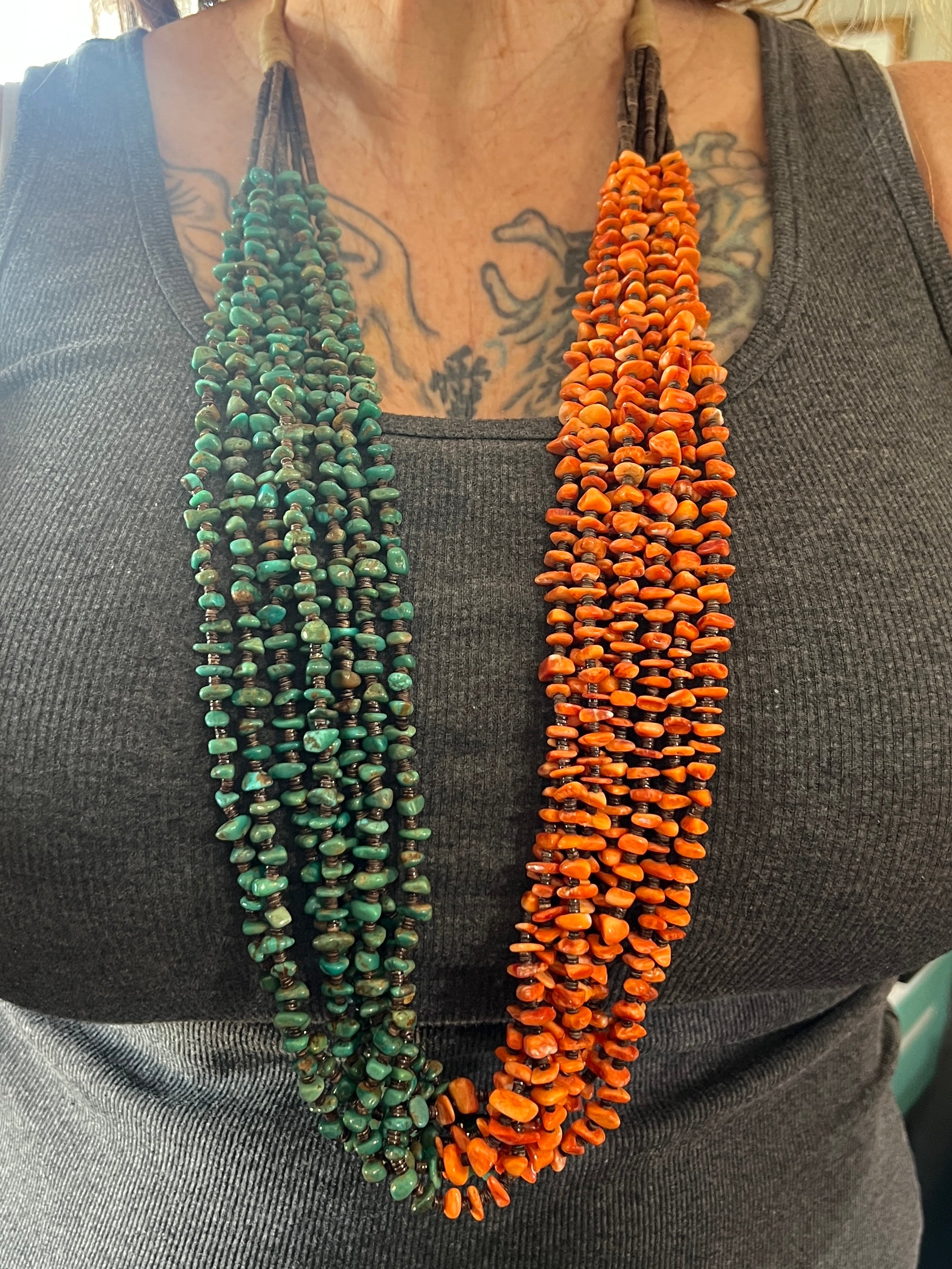 Handcrafted Eight Strand Spiny Oyster and Turquoise Beaded Squaw Wrap