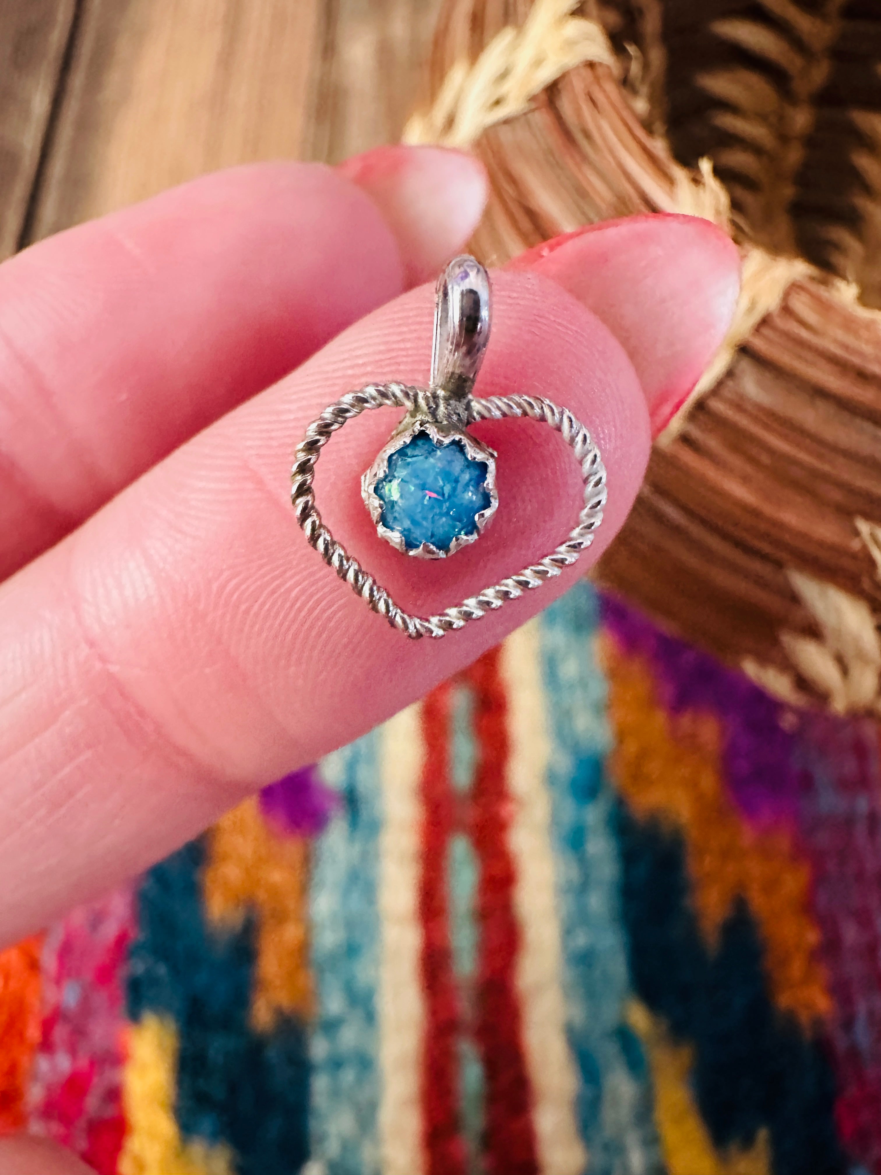 Handcrafted Sterling Silver and Blue Fire Opal Mini Heart Pendant