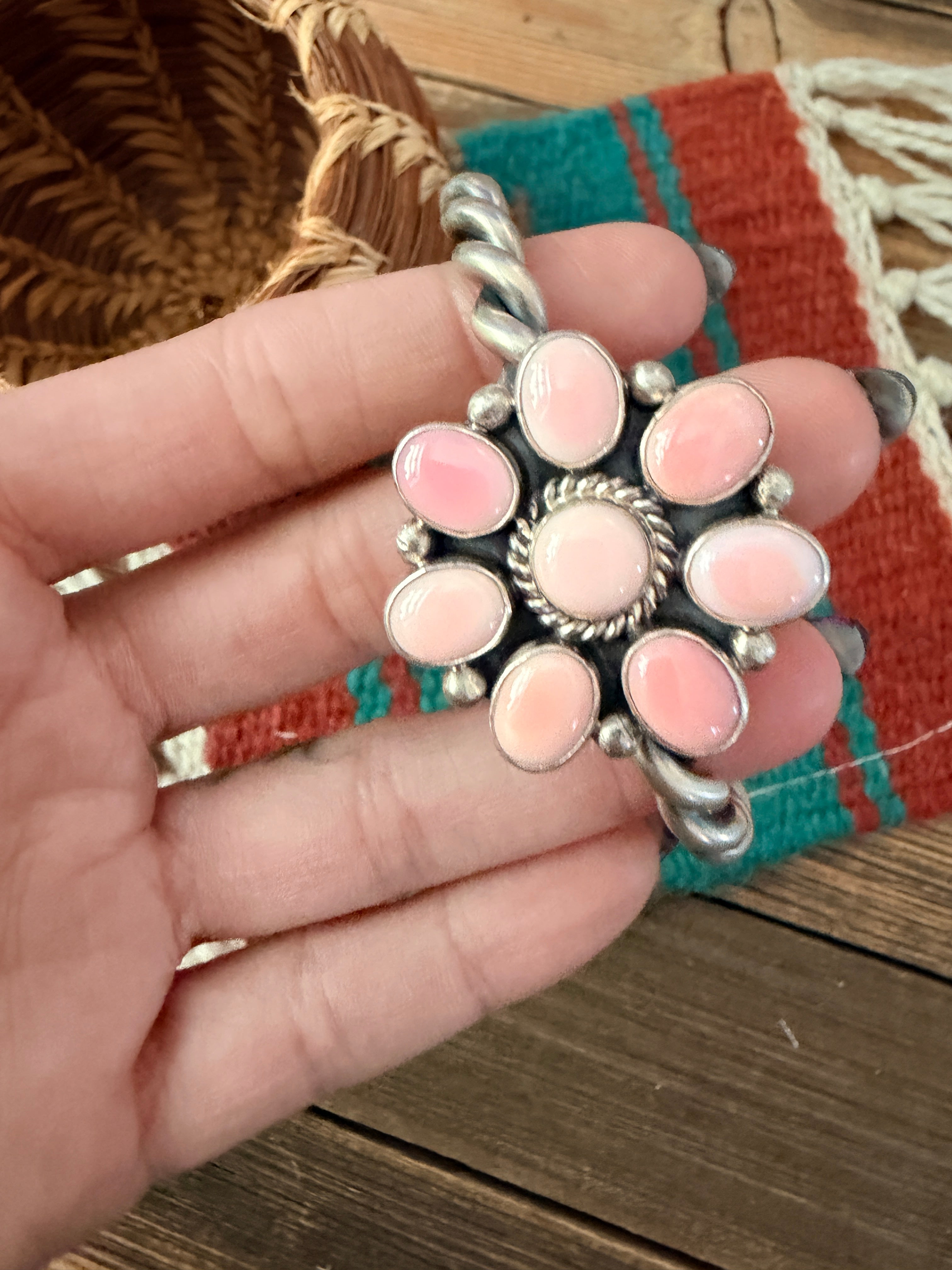 Handcrafted Old Pawn Sterling Silver & Queen Pink Conch Cluster Cuff Bracelet
