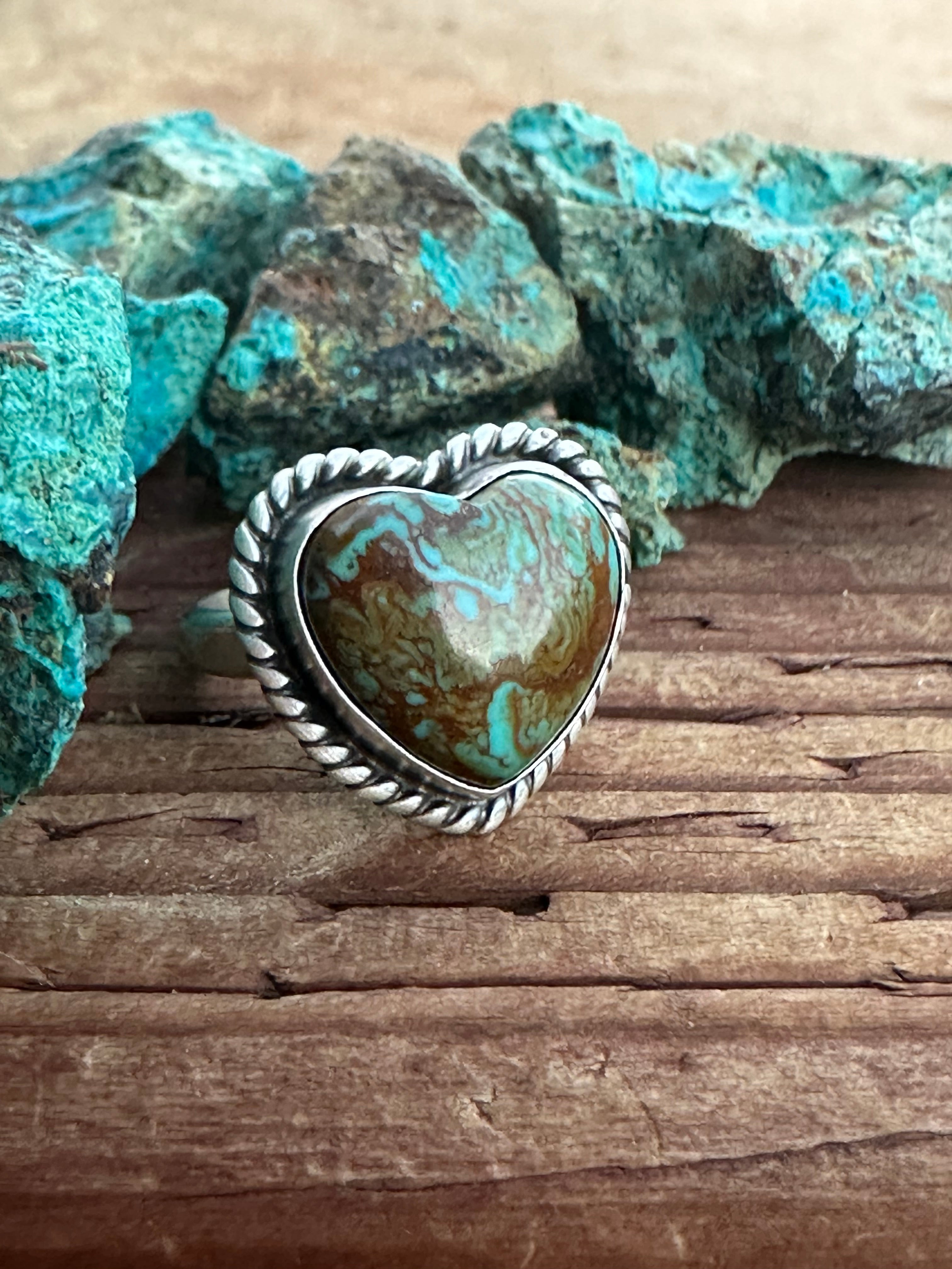 Navajo Royston Turquoise & Sterling Silver Adjustable Heart Ring