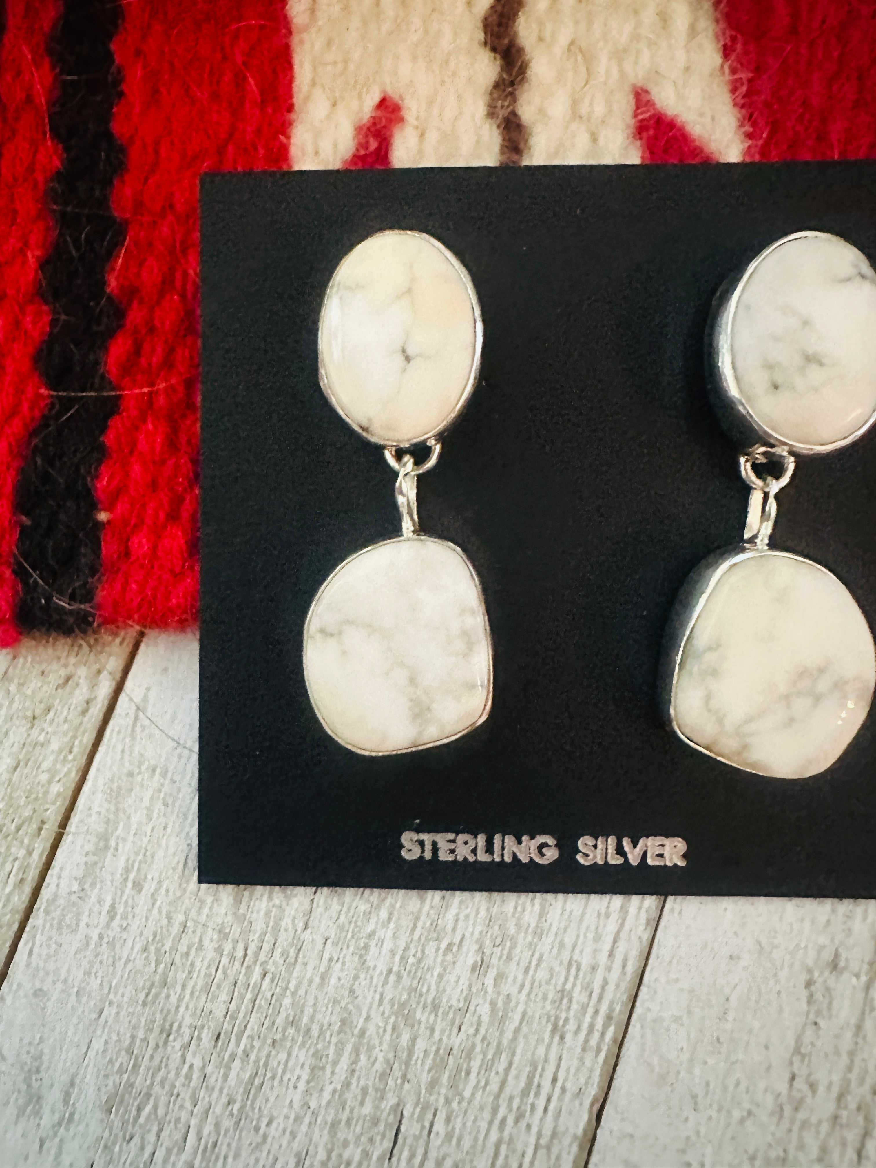 Navajo White Buffalo and Sterling Silver Dangle Earrings