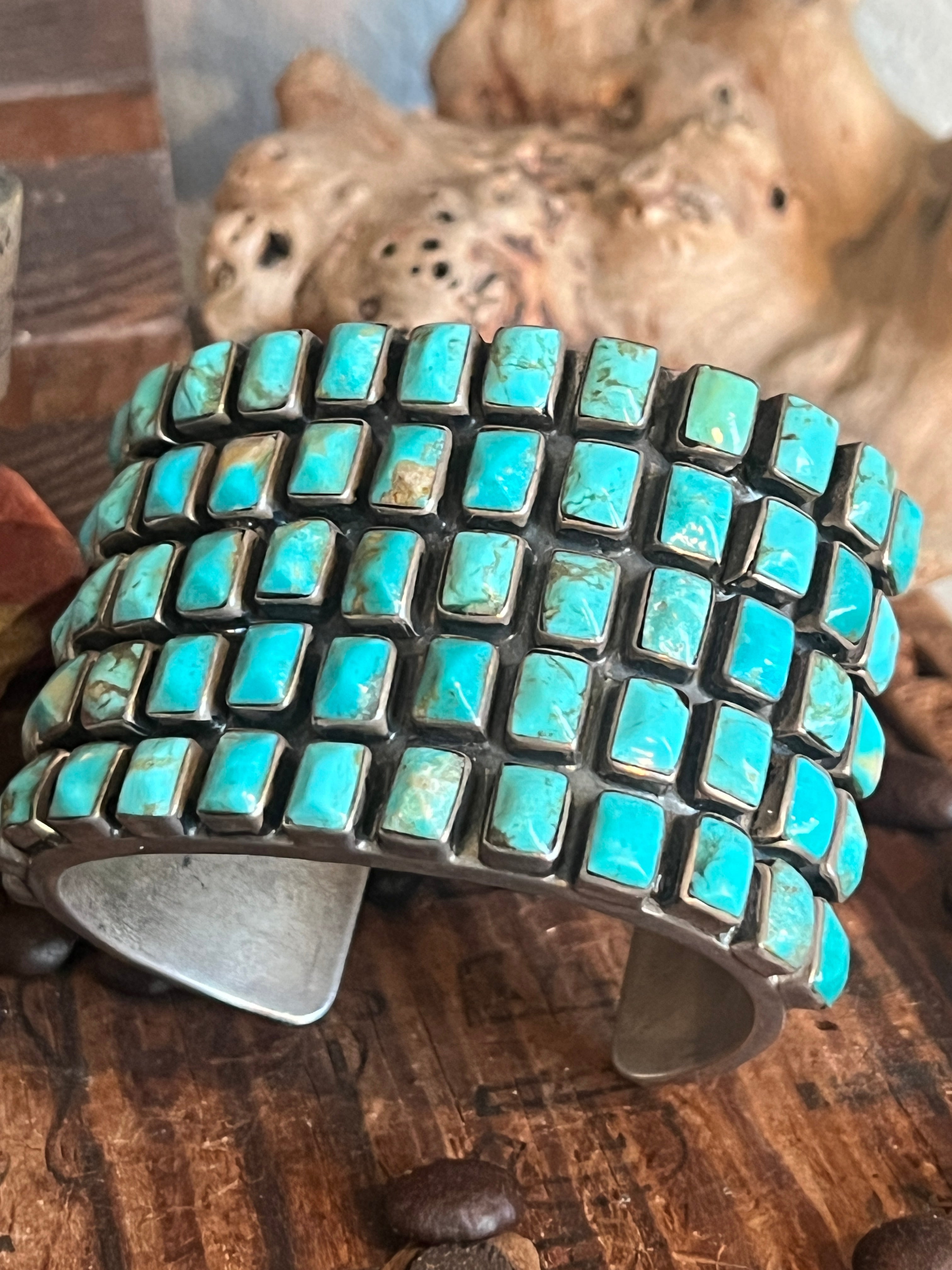 Hefty Old Pawn Sterling Silver and Turquoise 5 Row Cuff Bracelet by Federico Jimenez