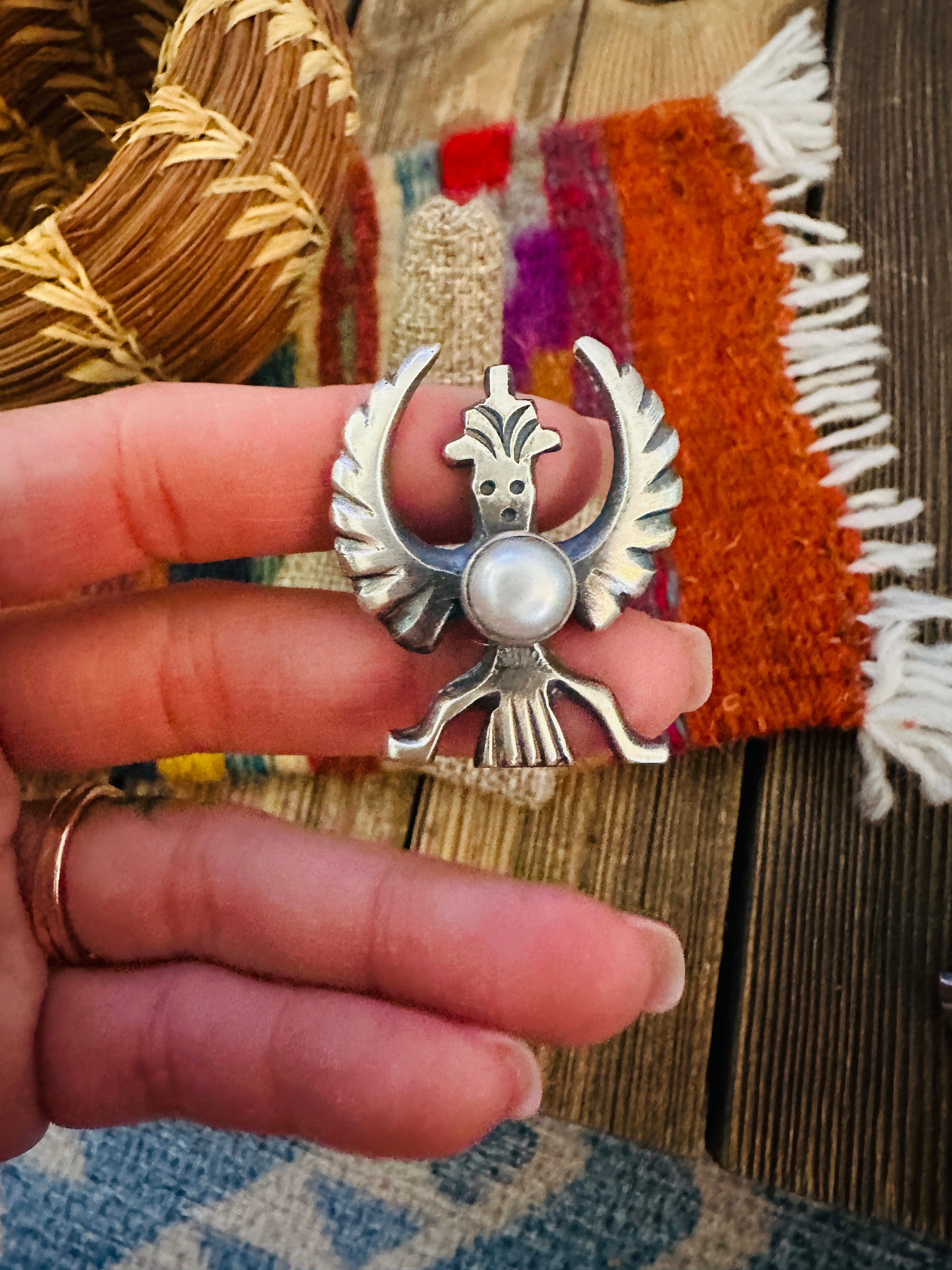 Handcrafted Pearl & Sterling Silver Thunderbird Ring size 10 by Chimney Butte