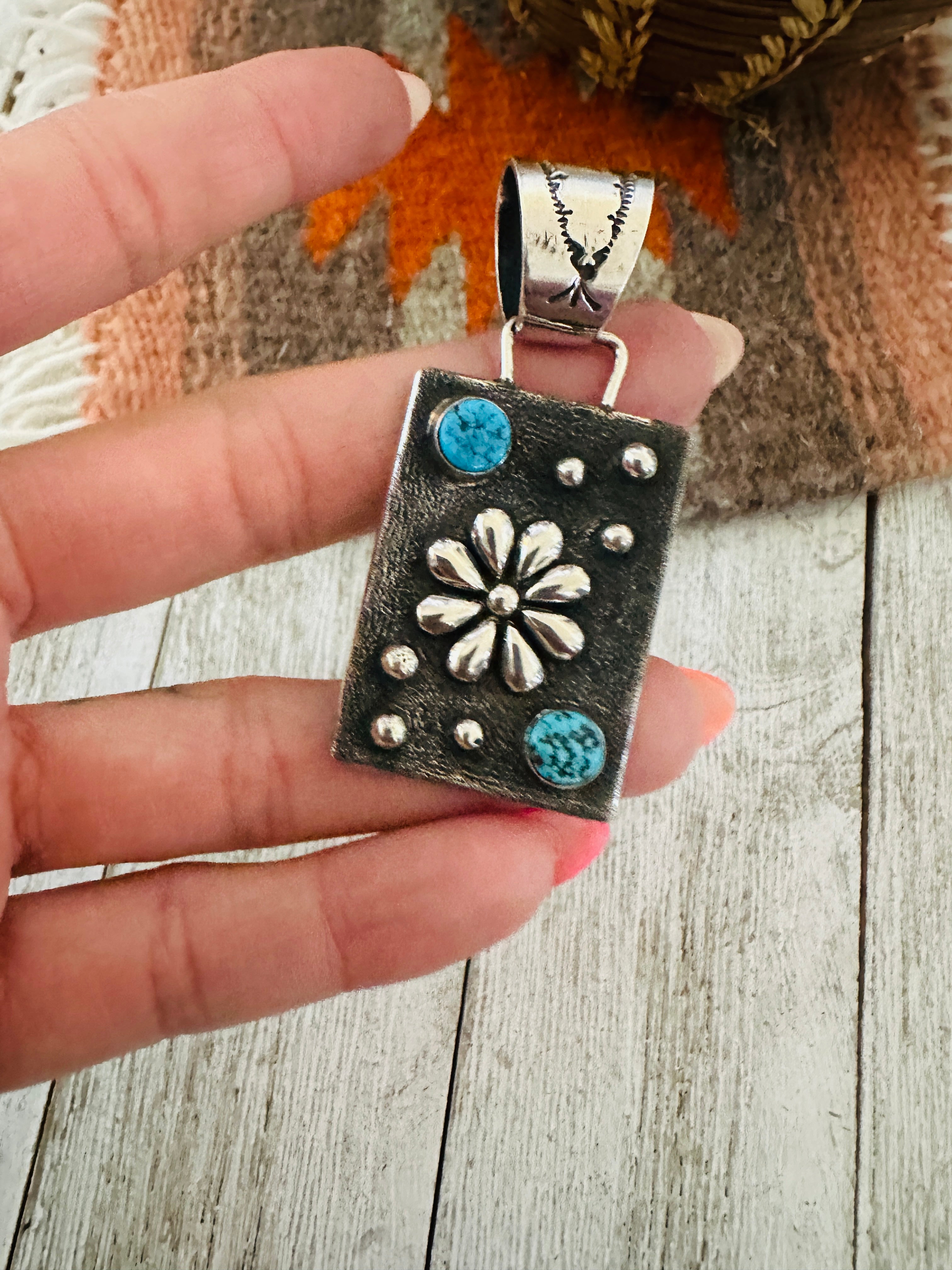 Handcrafted Studded Flower Turquoise & Sterling Silver Pendant