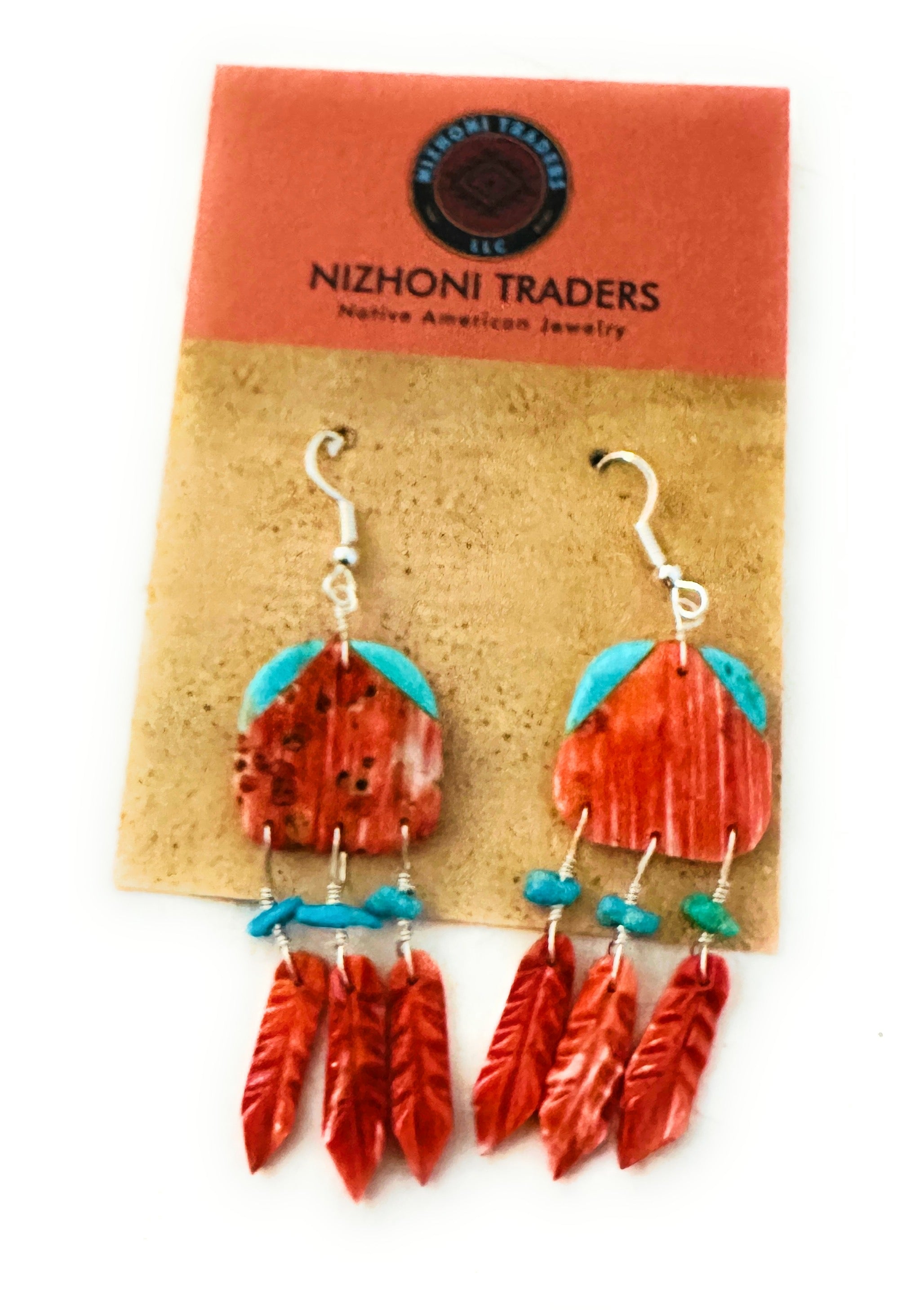 Santo Domingo Spiny & Turquoise Feather Dangle Earrings