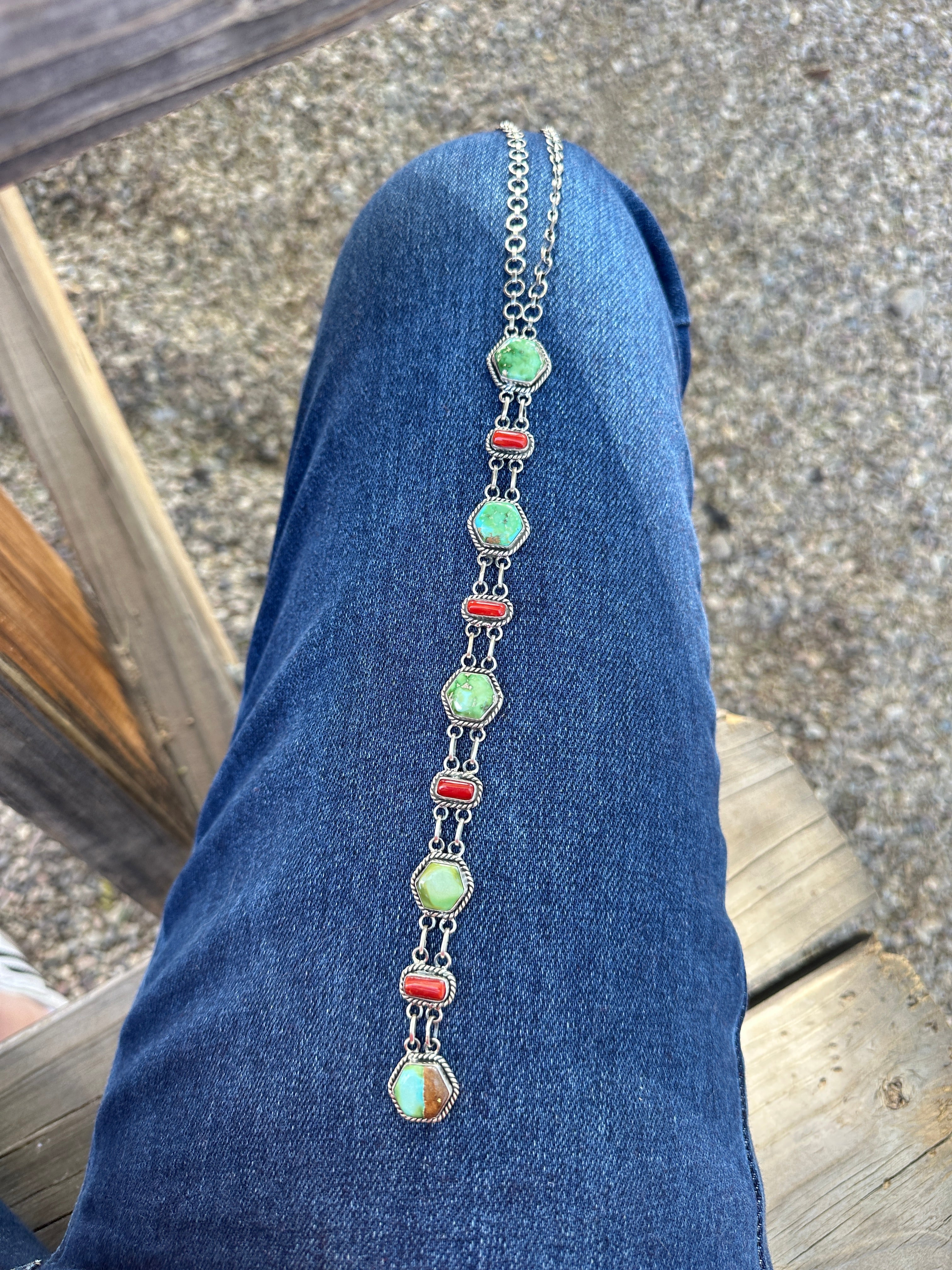 Beautiful Handmade Sterling Silver, Coral & Sonoran Turquoise Drop Necklace