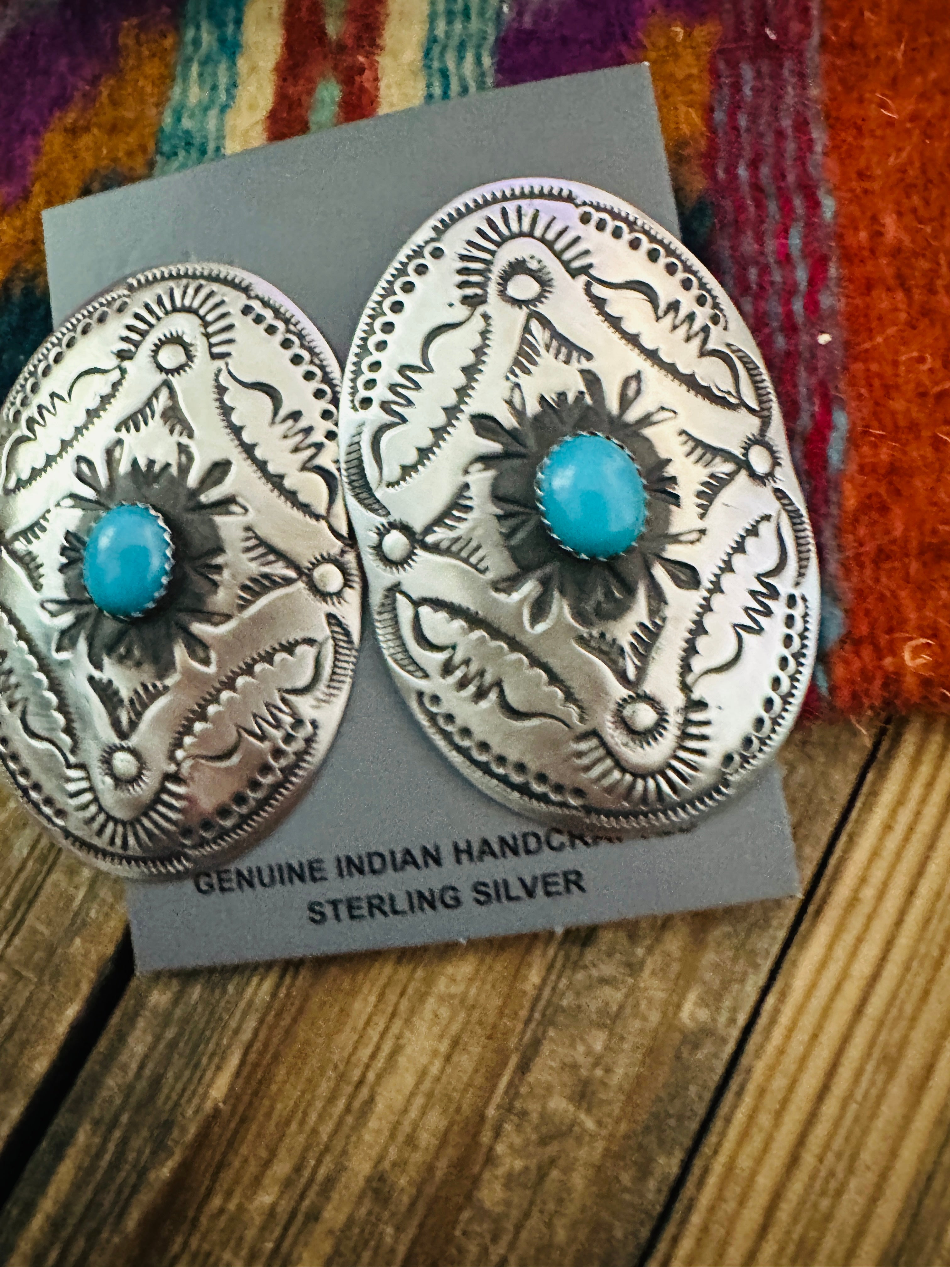 Handcrafted Turquoise & Sterling Silver Concho Post Earrings by Leander Tahe