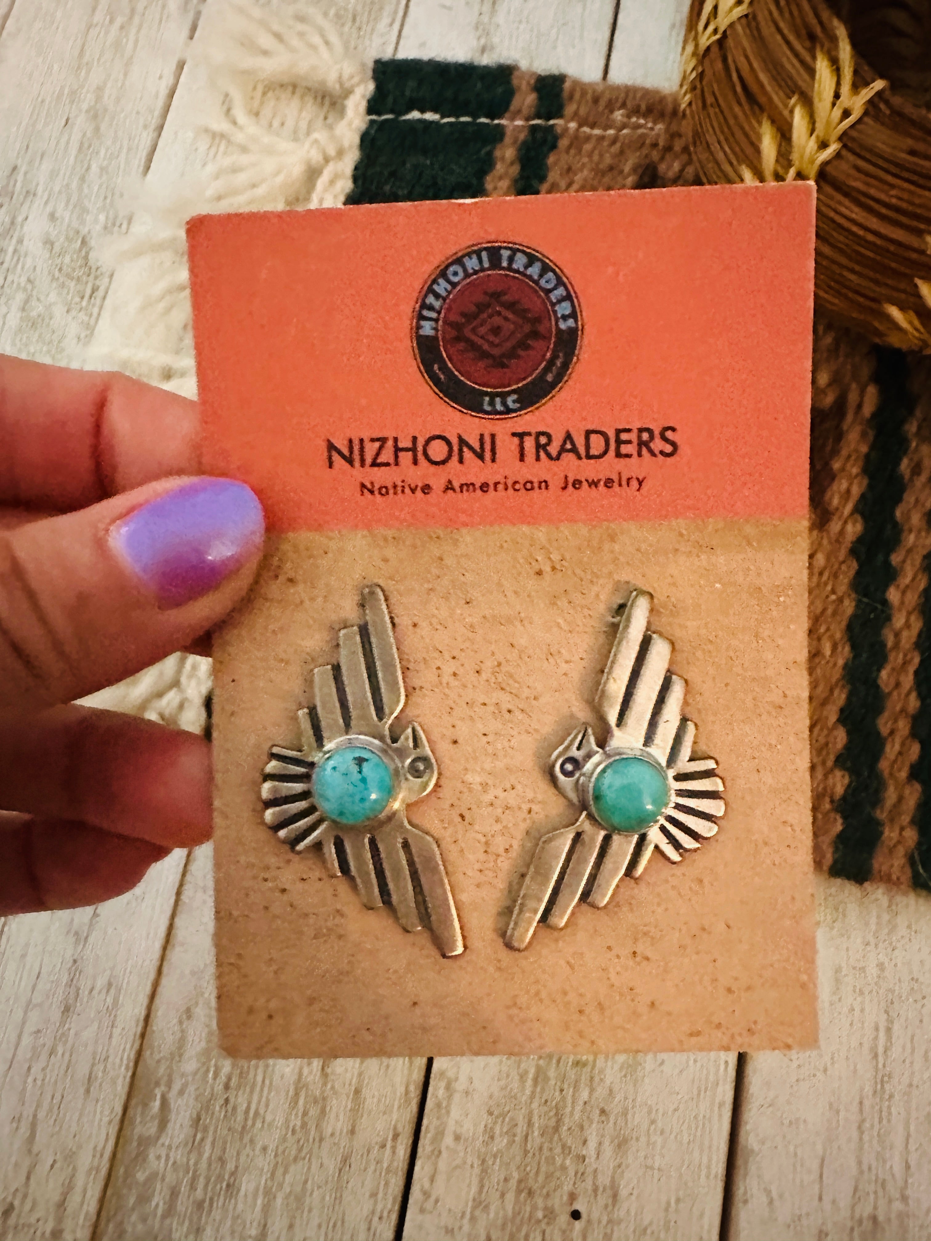 Navajo Sterling Silver & Turquoise Thunderbird Post Earrings