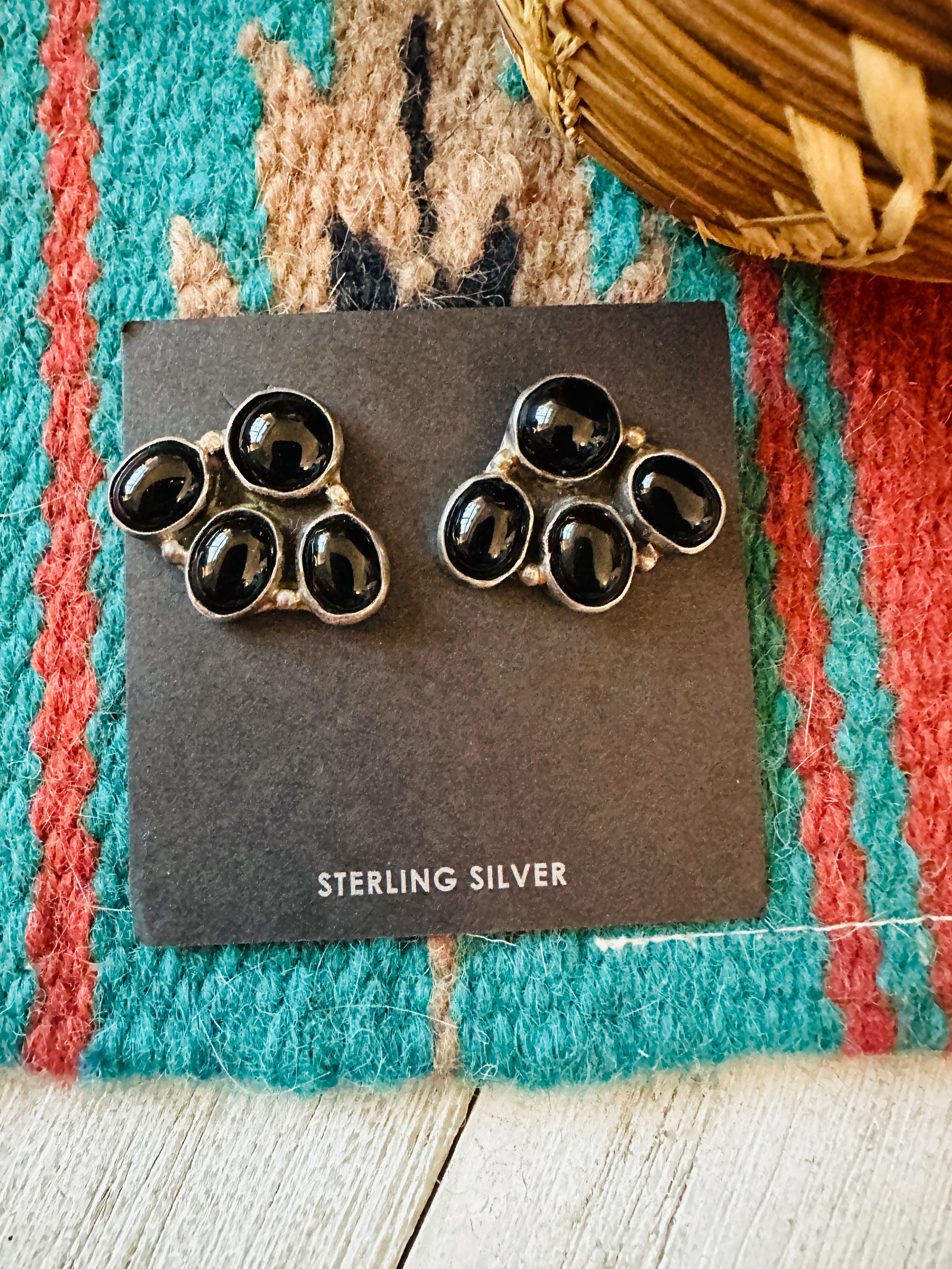 Navajo Onyx & Sterling Silver Cluster Post Earrings