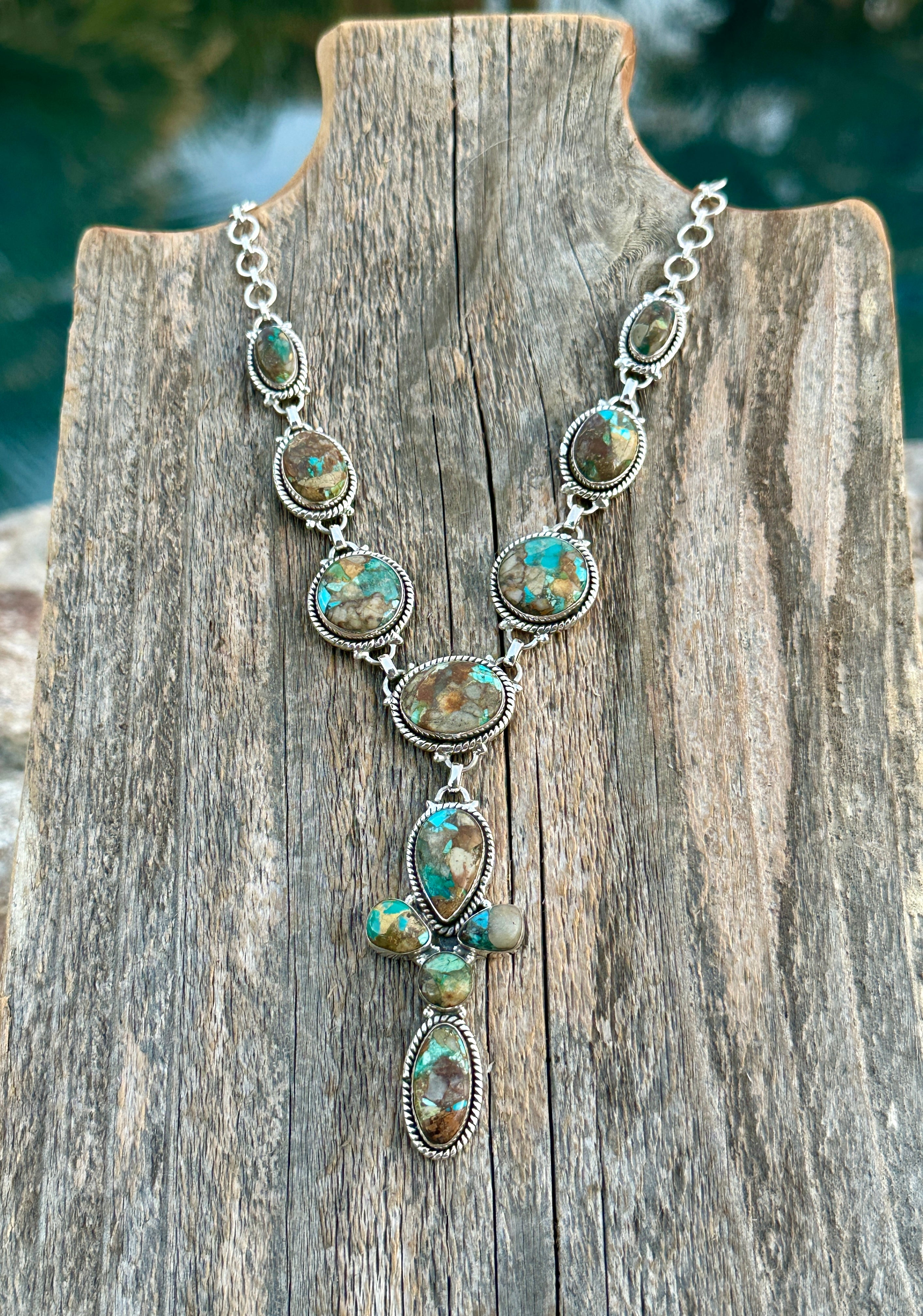 Handmade Royston Ribbon Cross Turquoise & Sterling Silver Lariat Necklace