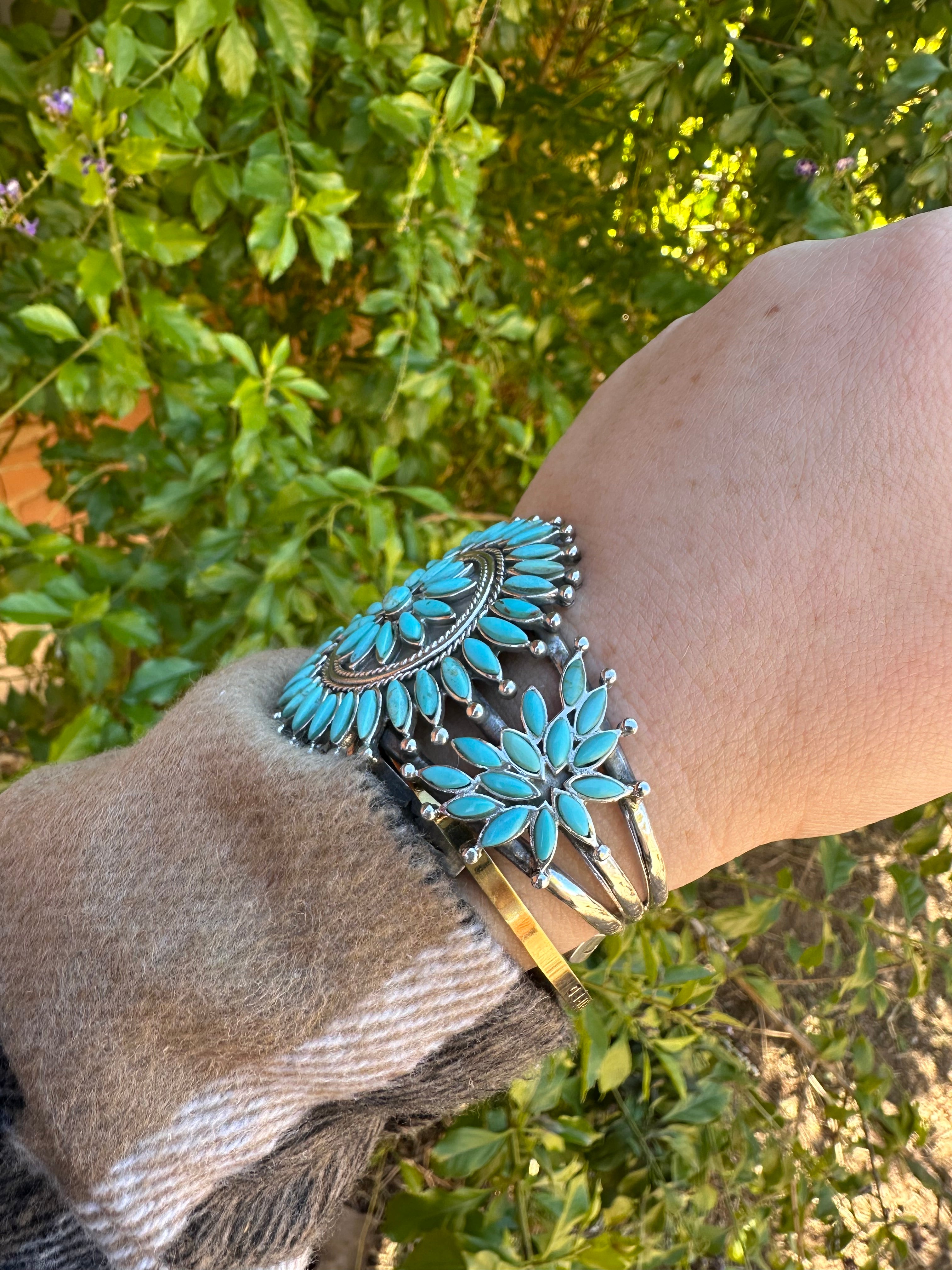 Handmade Sterling Silver & Turquoise Cluster Floral Cuff Bracelet Signed Nizhoni