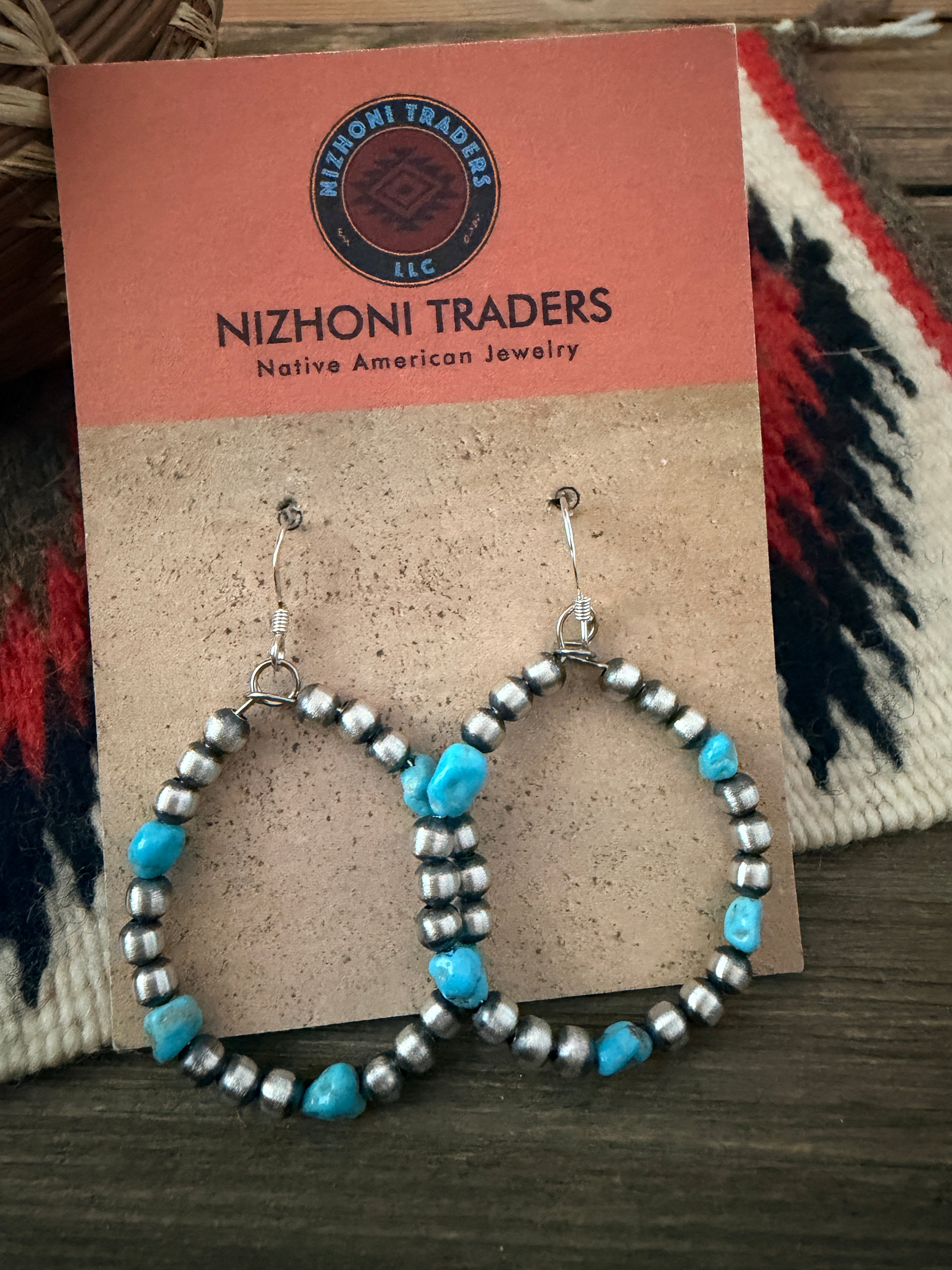 Handcrafted Sterling Silver Pearl & Turquoise Dangle Hoop Earrings