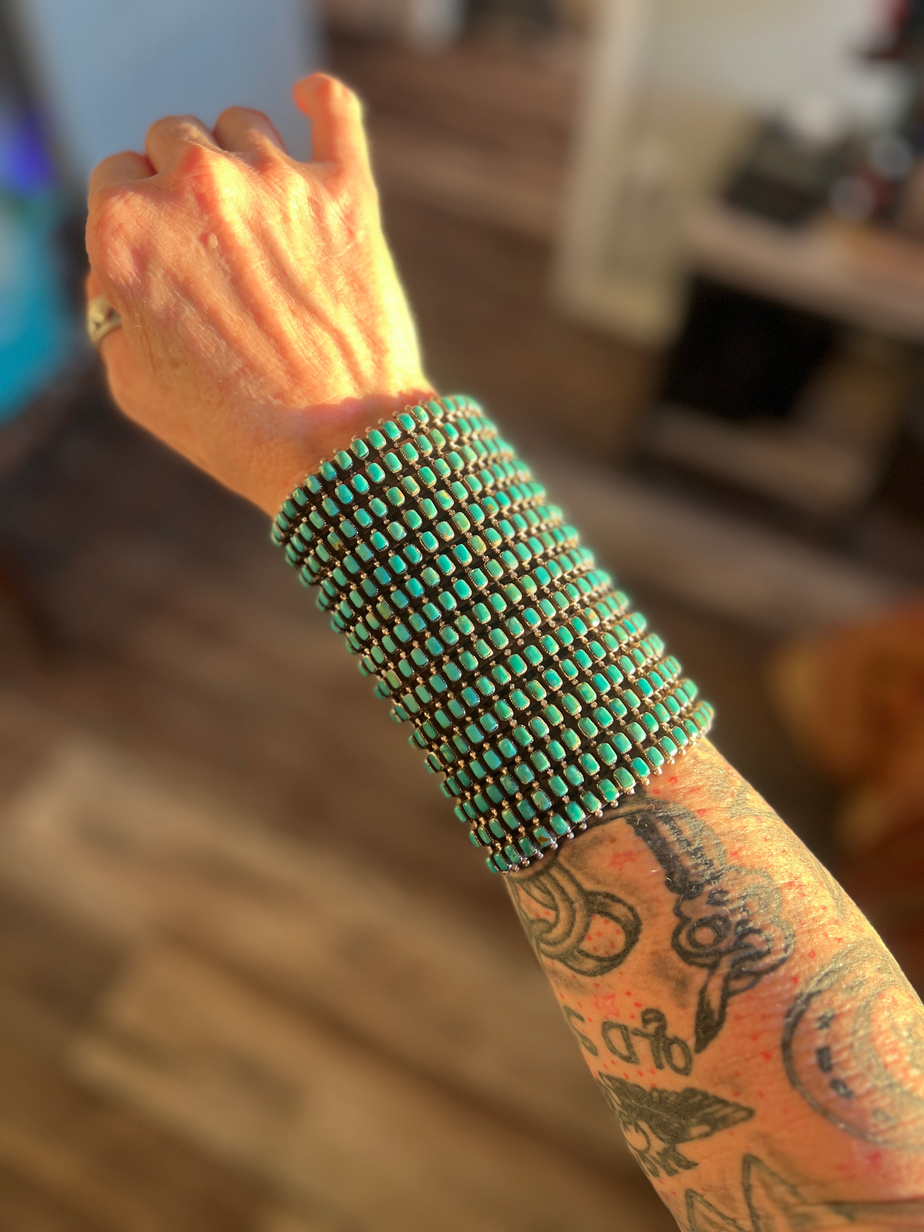 Handcrafted Epic Made 15 Row Sterling Silver and Turquoise Gauntlet Style Cuff Bracelet /