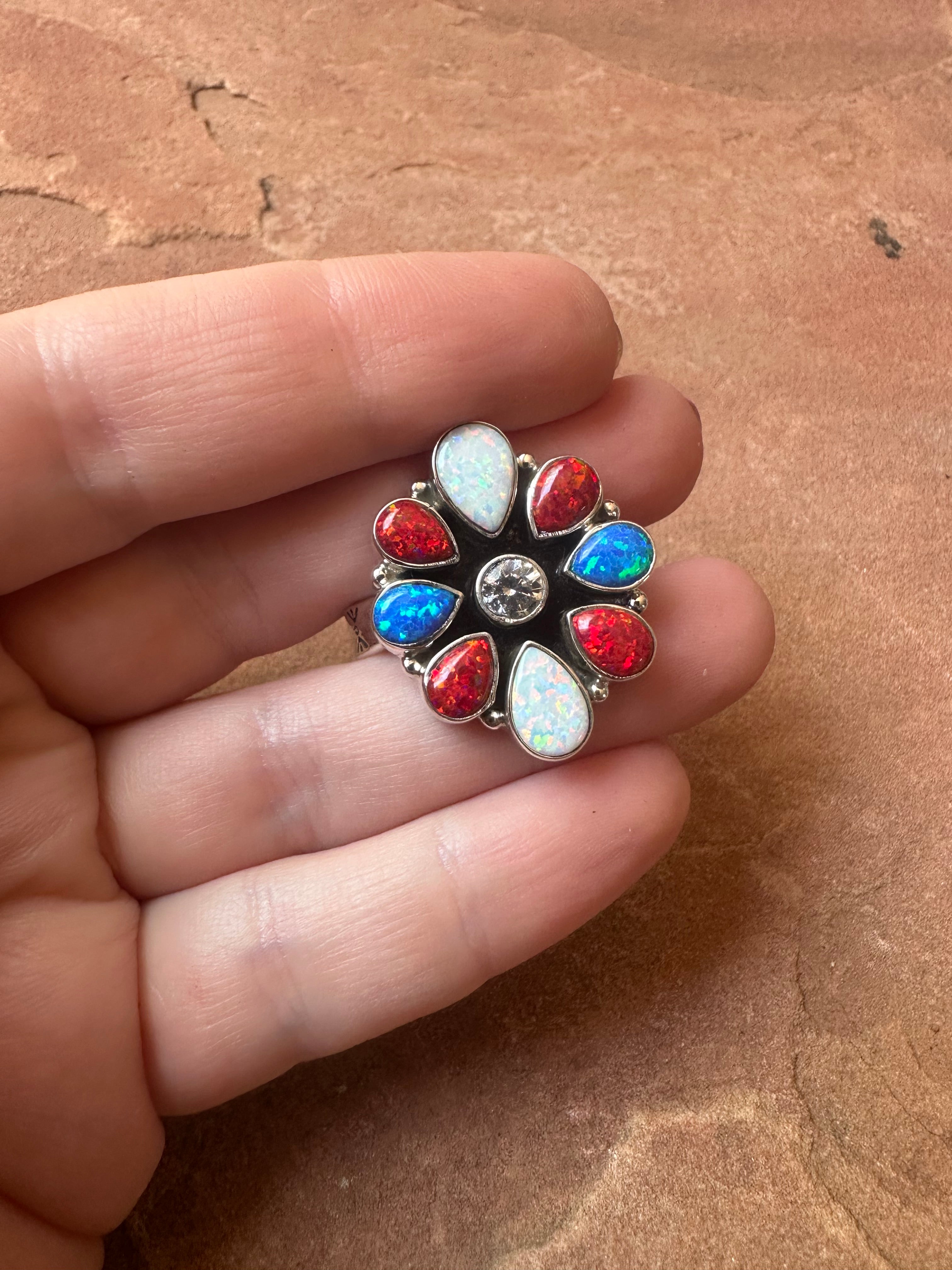 4TH OF JULY COLLECTION Handmade Red, White & Blue Fire Opal & Sterling Silver Adjustable Ring Signed Nizhoni