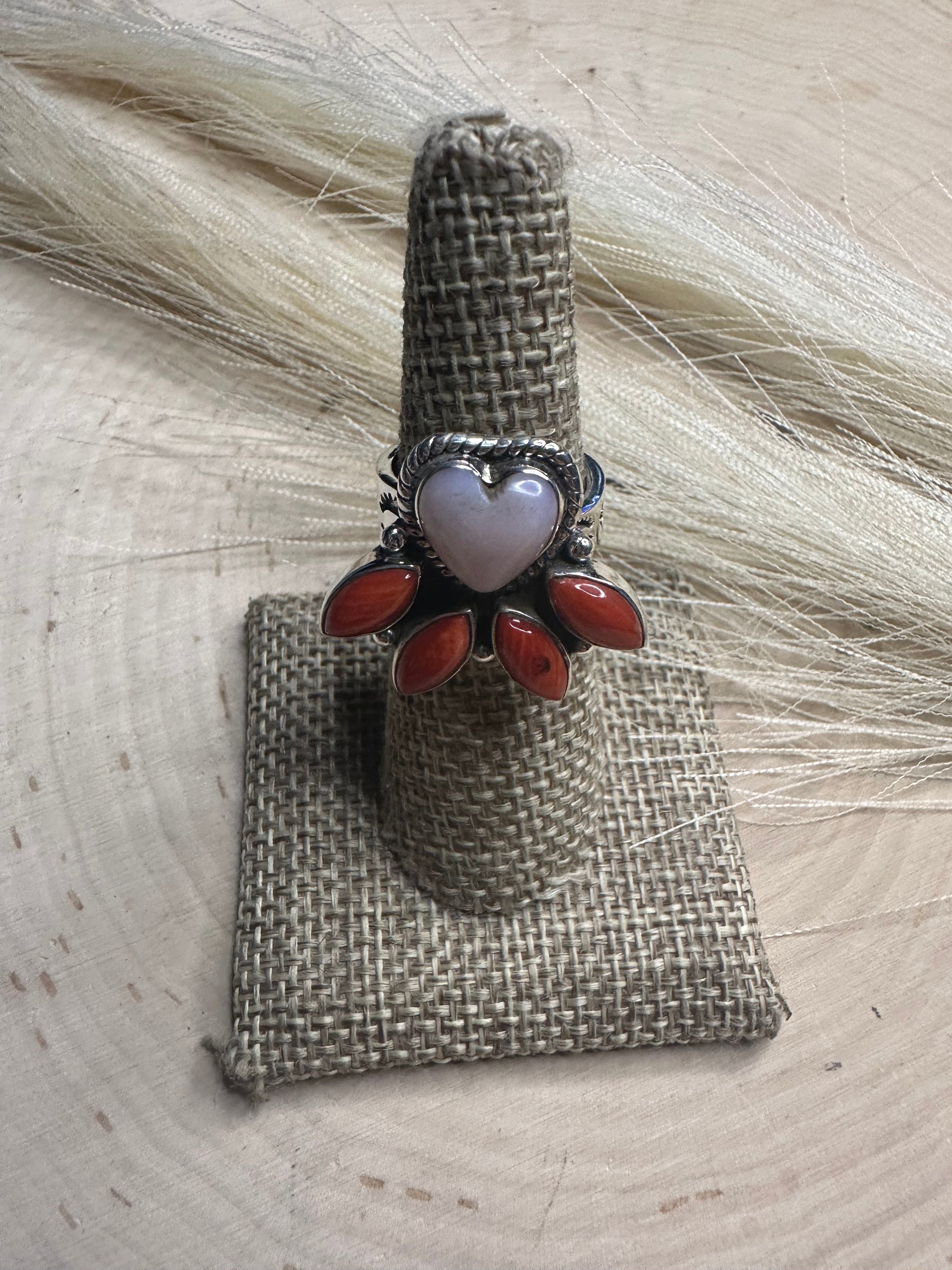 Beautiful Handmade Pink Conch, Coral And Sterling Silver Adjustable Heart Ring