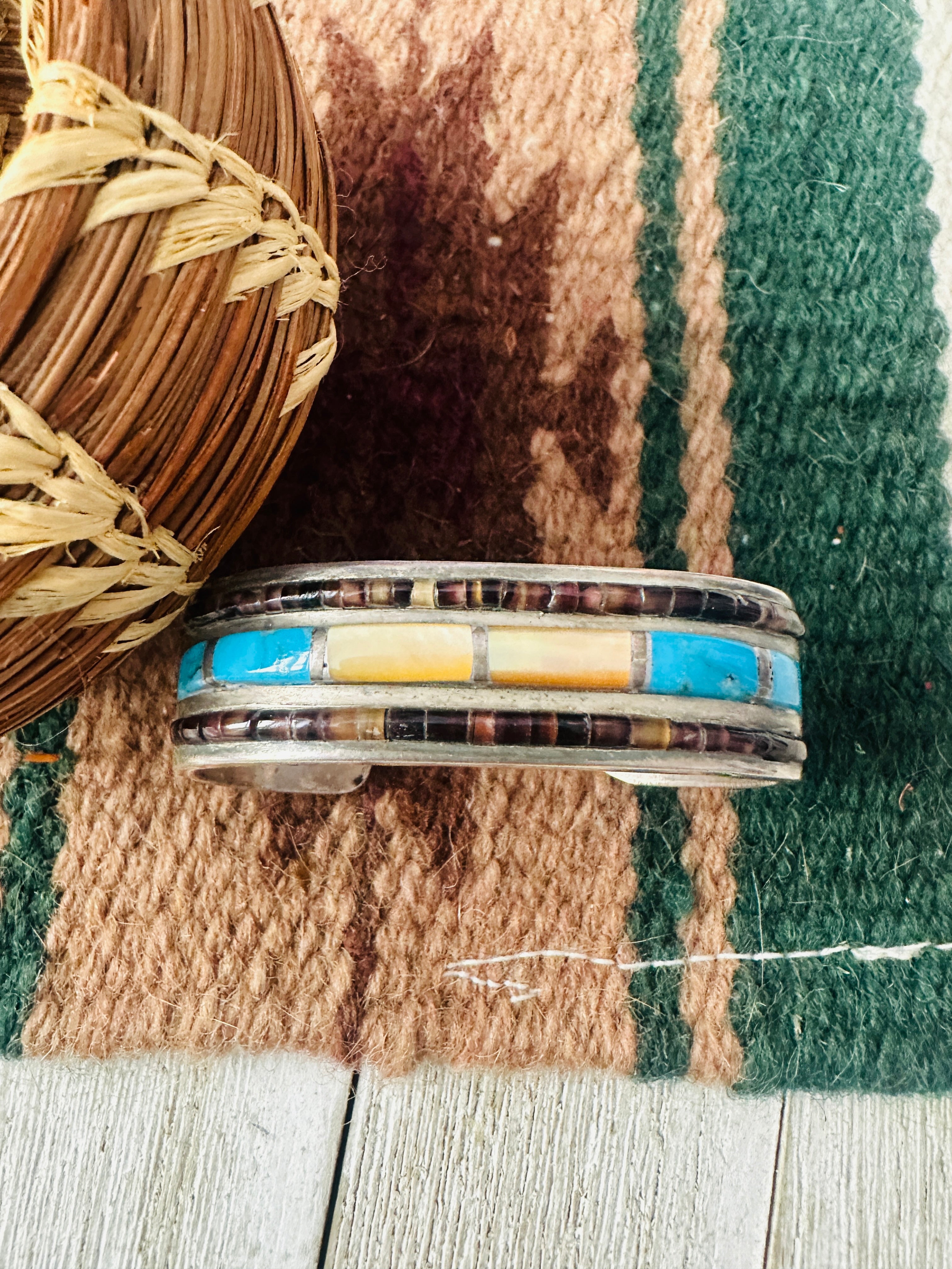 Handcrafted Old Pawn Multi Stone & Sterling Silver Inlay Cuff Bracelet /